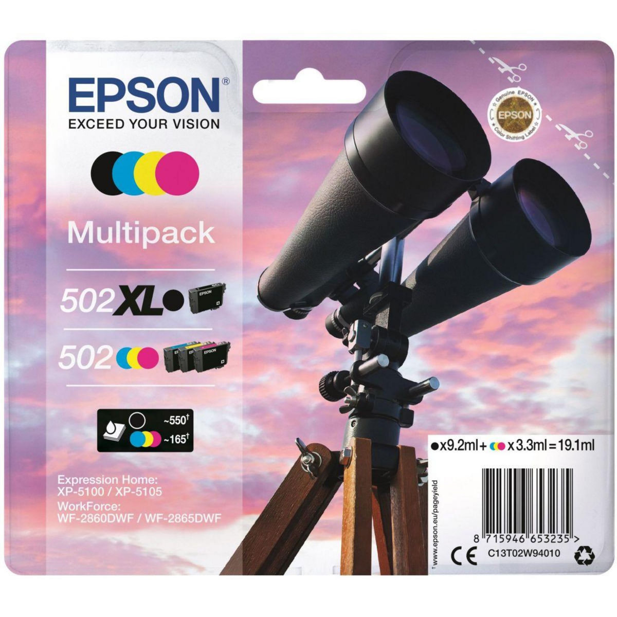Epson Cartouche d'encre Pack Multipack 4 Originales 502 (Noir XL + 3 Couleurs Standard) Série Étoile de Mer - C13T02W94010
