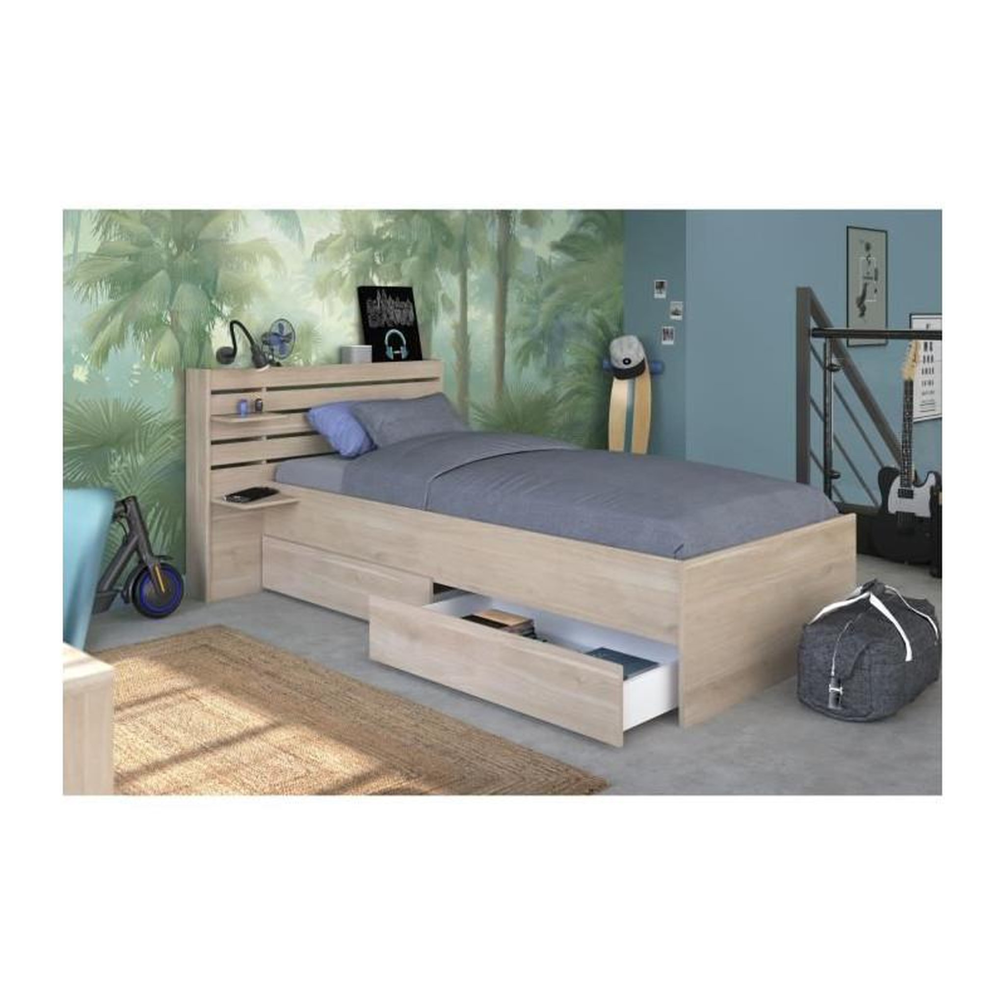 Voir la diapositive 4 : PARISOT Lit enfant ESCALE 90x190/200 cm - Décor chene - Tete de lit + 2 tiroirs - L121,5 x H88,6 x P216,8 cm