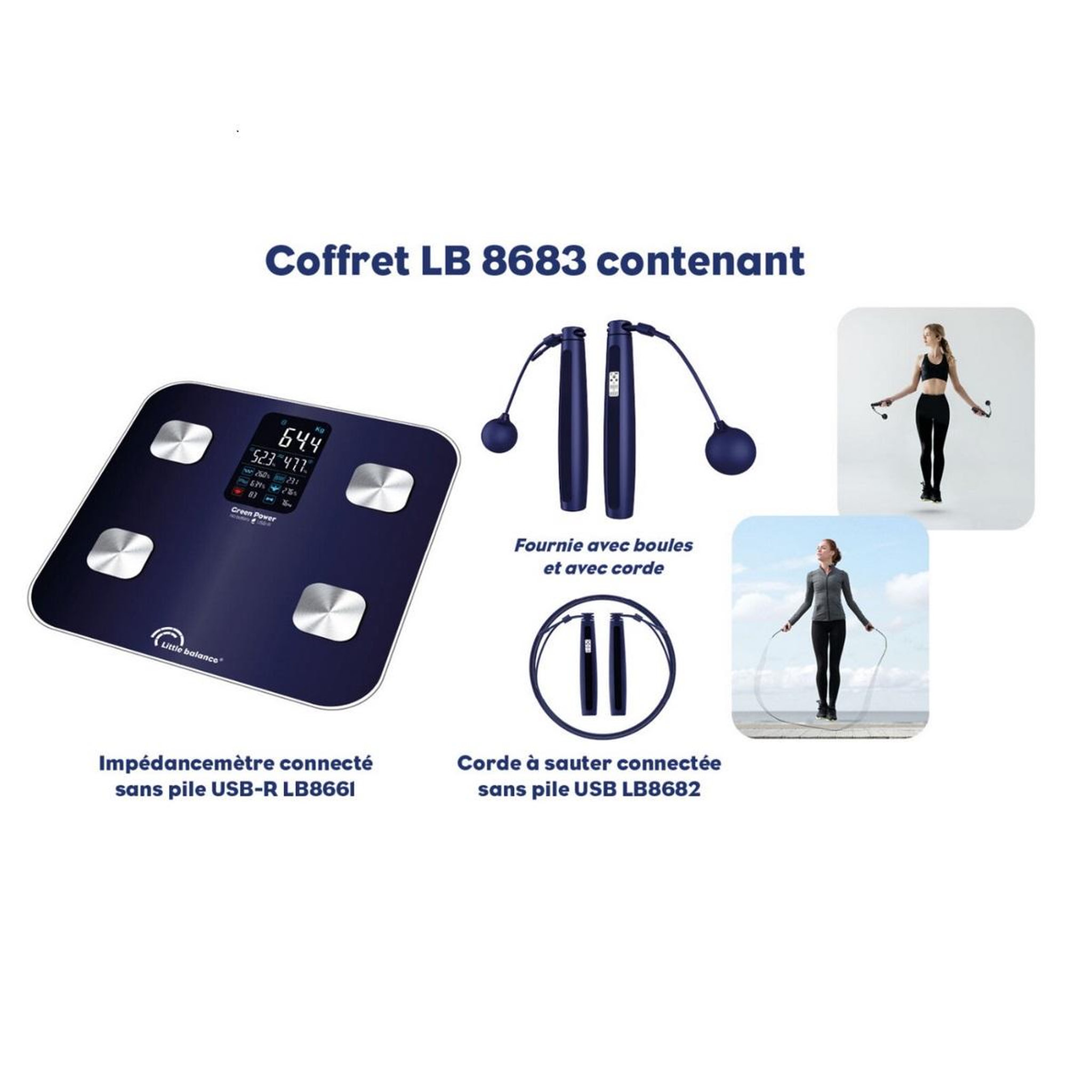 Voir la diapositive 3 : LITTLE BALANCE Impédancemètre connecté 180kg/100g + corde à sauter - 8683
