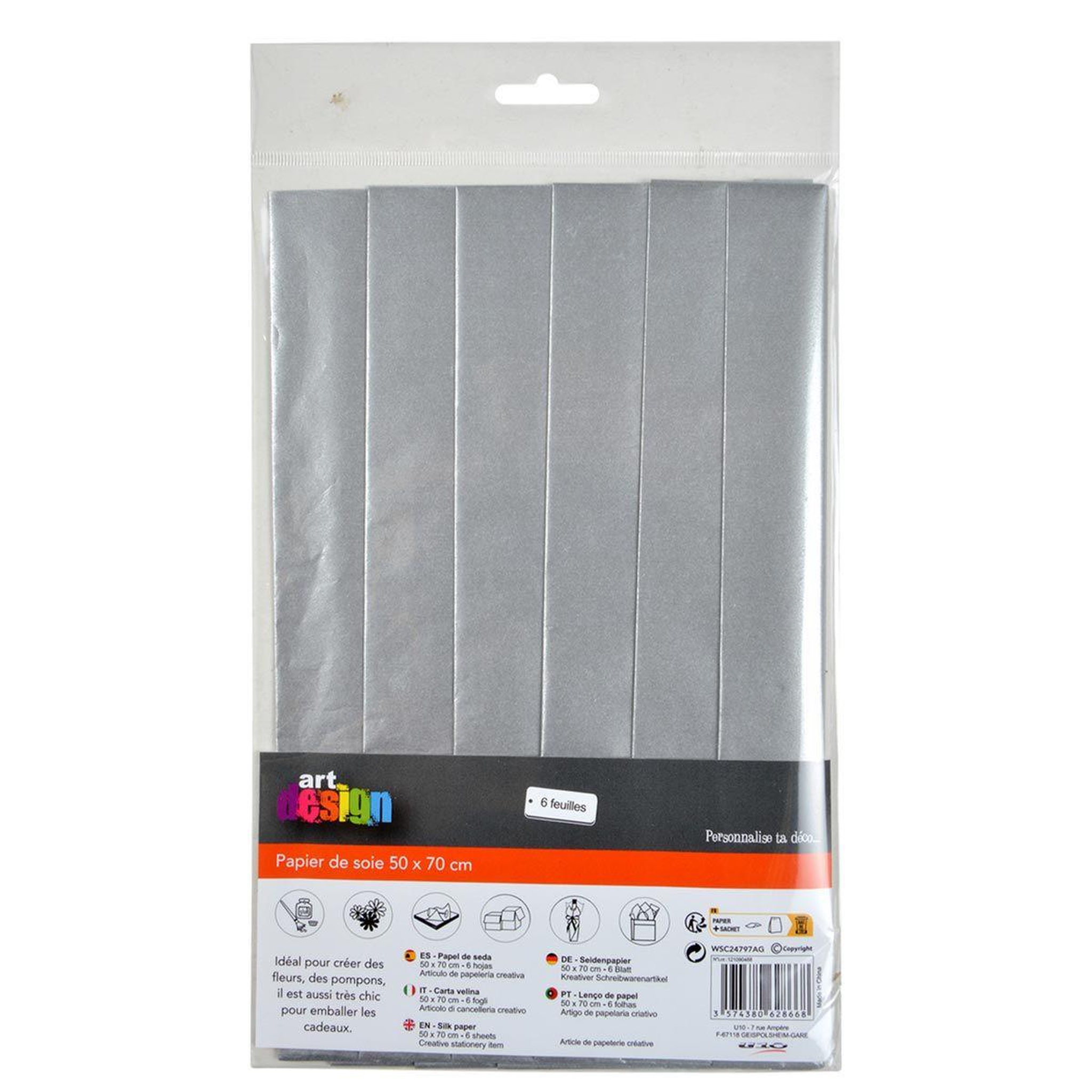 Voir la diapositive 2 : ARTDESIGN Lot de 6 feuilles papier de soie  cadeau  50x70cm argent