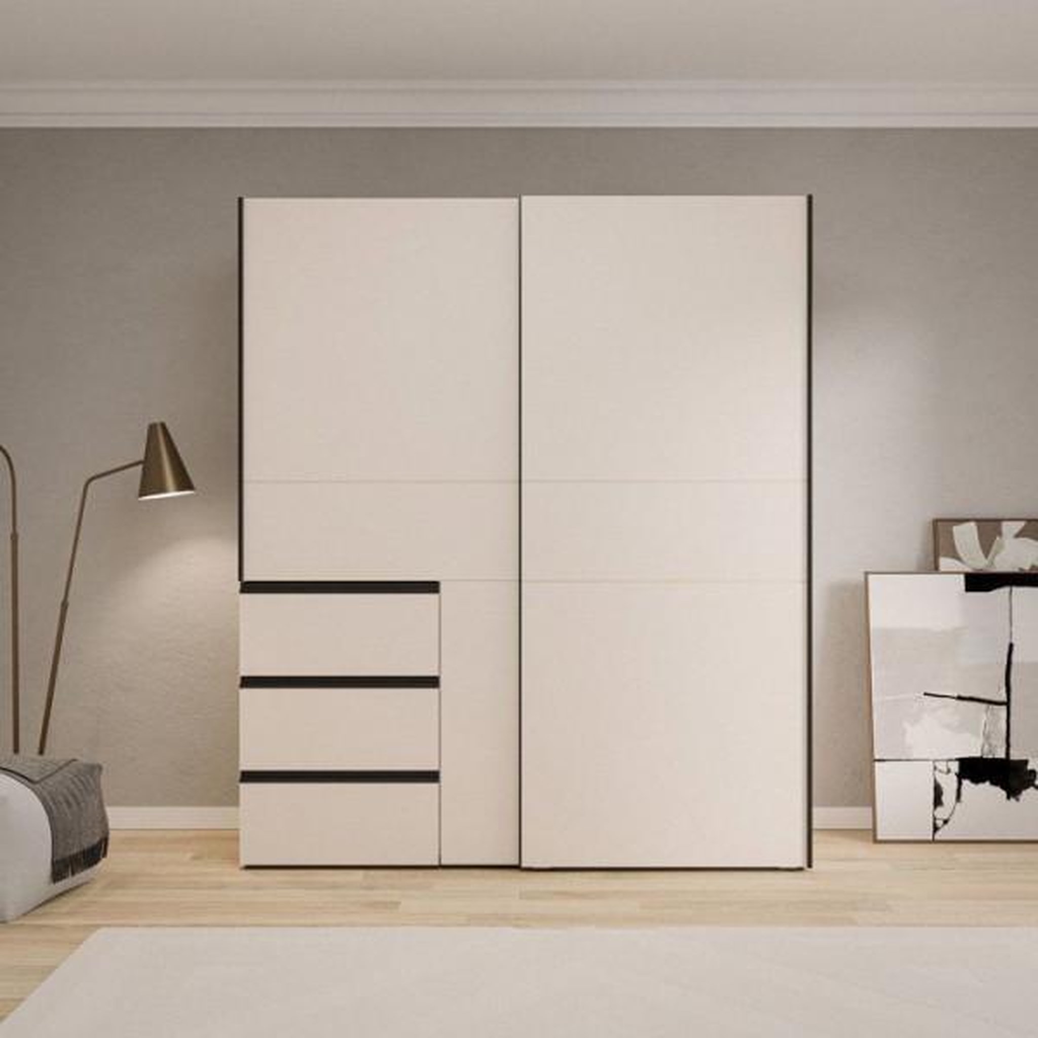 Voir la diapositive 3 : MARKET24 Armoire - 2 portes coulissantes 3 tiroirs - Décor Sable - L170 x P61 x H200 cm - WINN 2