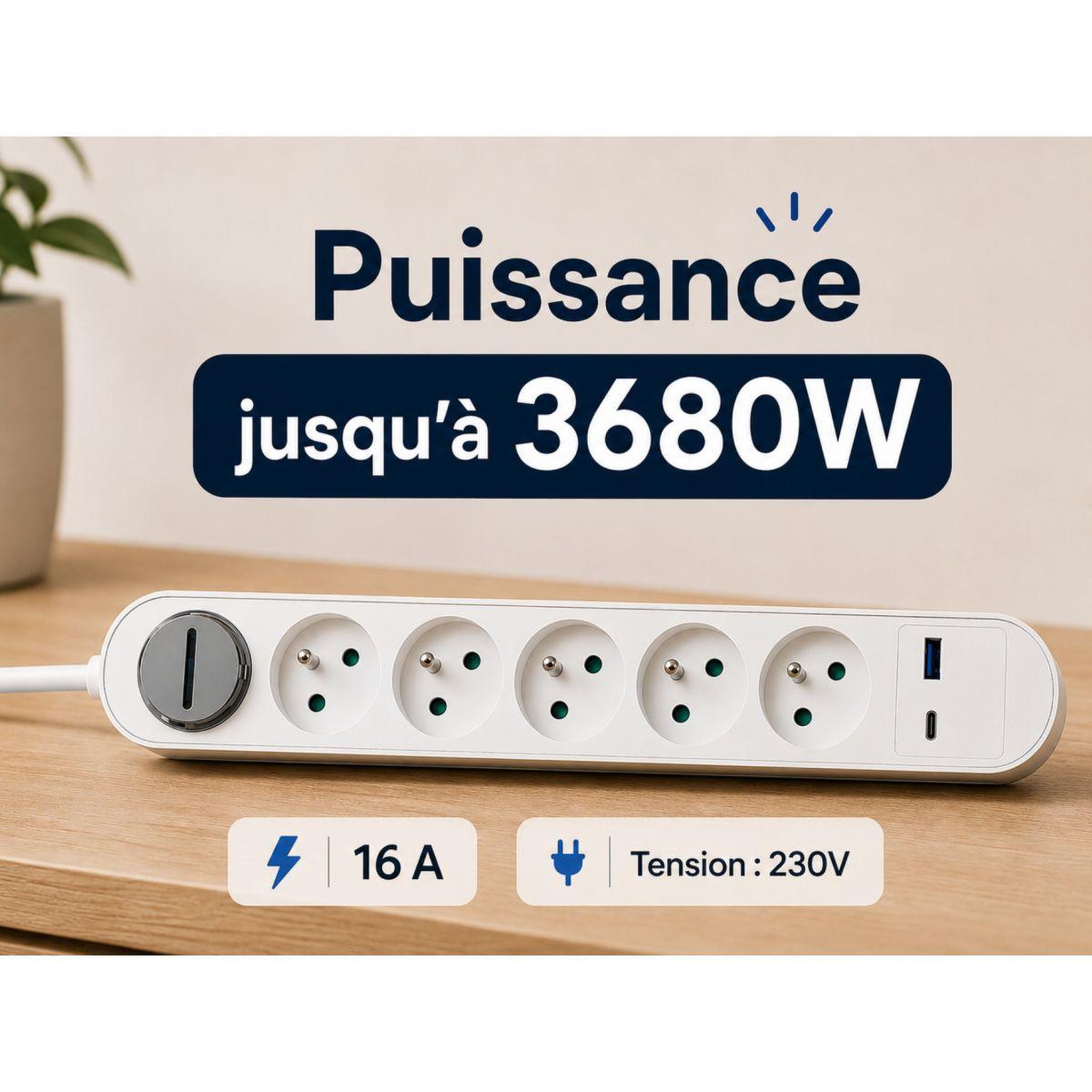 Voir la diapositive 5 : ESSENTIEL B Multiprise 5 prises + port usb-c et usb-a 20w