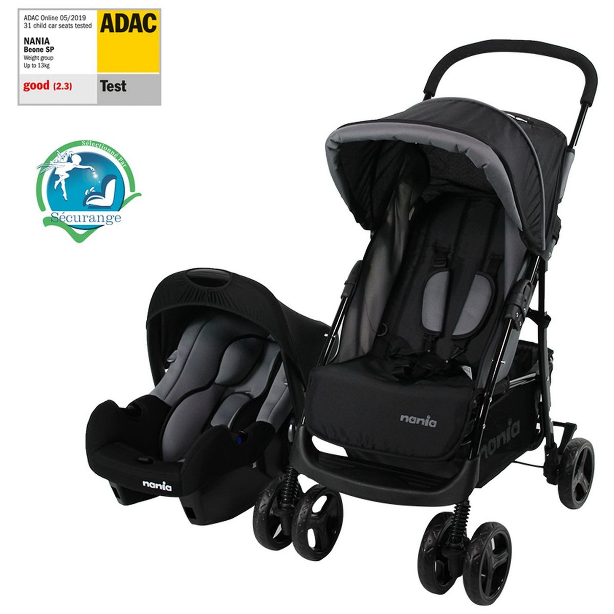 NANIA Poussette combinée TEXAS + siège auto + nacelle + sac à langer et habillage pluie