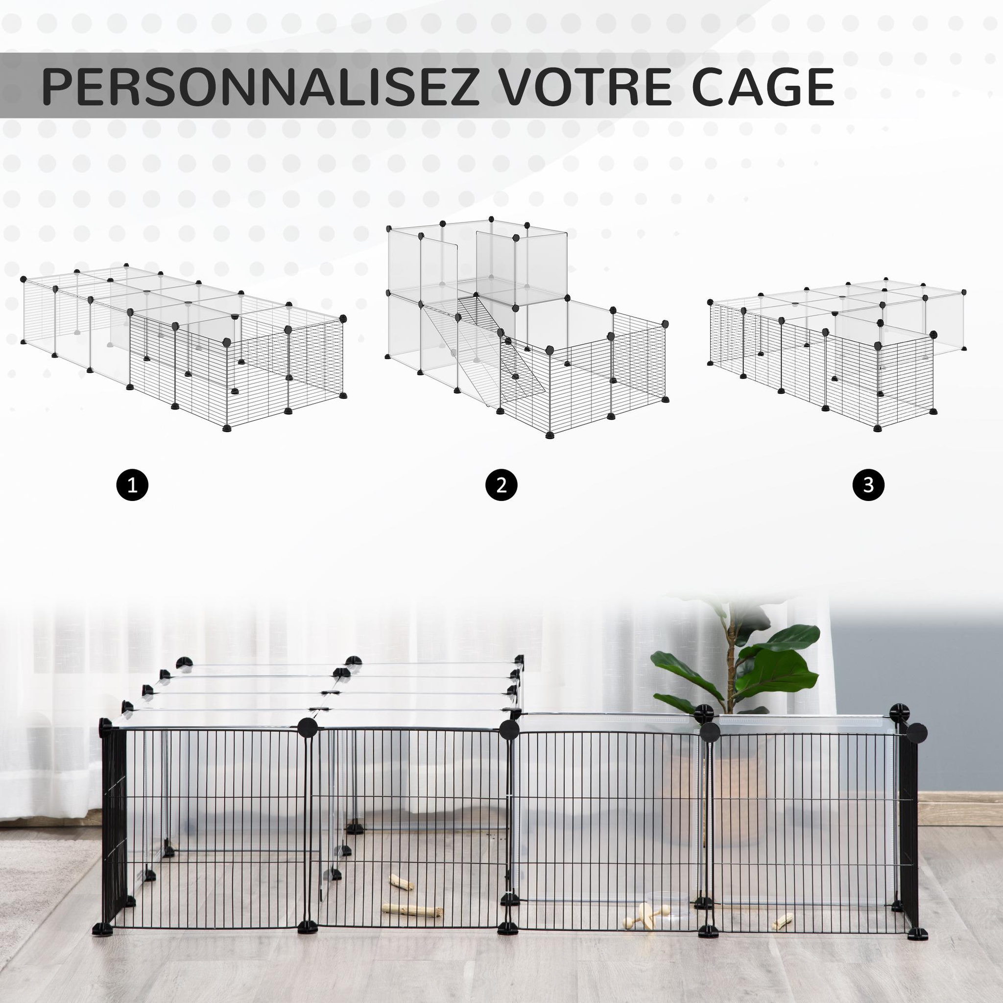 Voir la diapositive 4 : PAWHUT Pawhut cage parc enclos modulable petits animaux de compagnie - dim. Standards 140l x 70l x 70h cm - 27 panneaux bords arrondis - résine pp fils d'acier noir