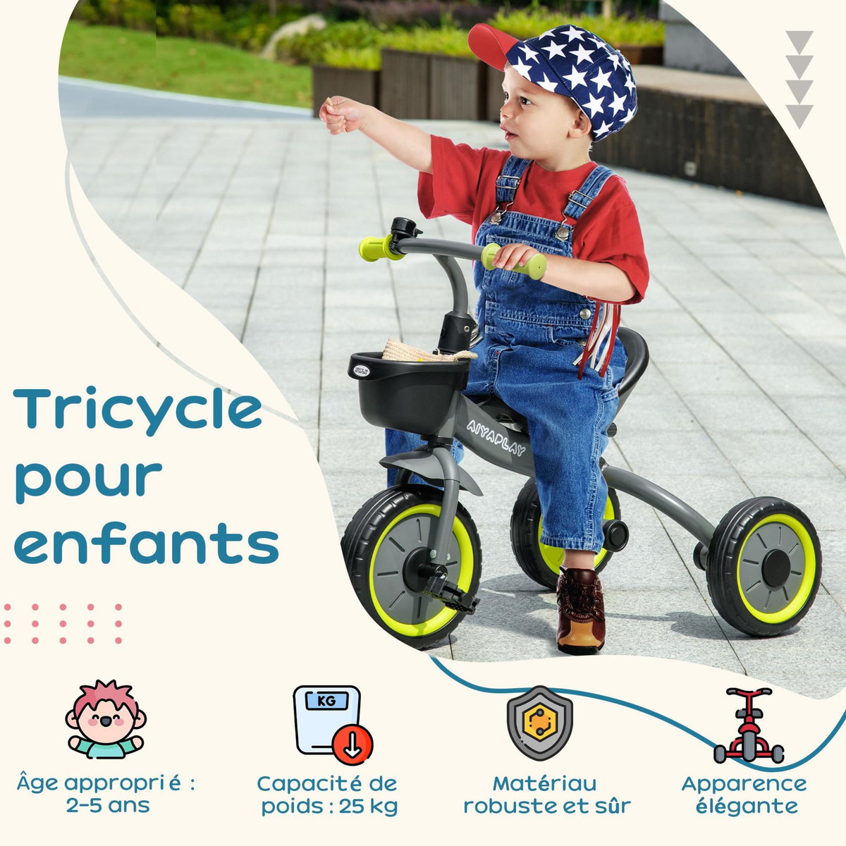 HOMCOM Tricycle enfant multi-équipé garde-boue sonnette panier pédales antidérapantes siège réglable avec dossier métal noir