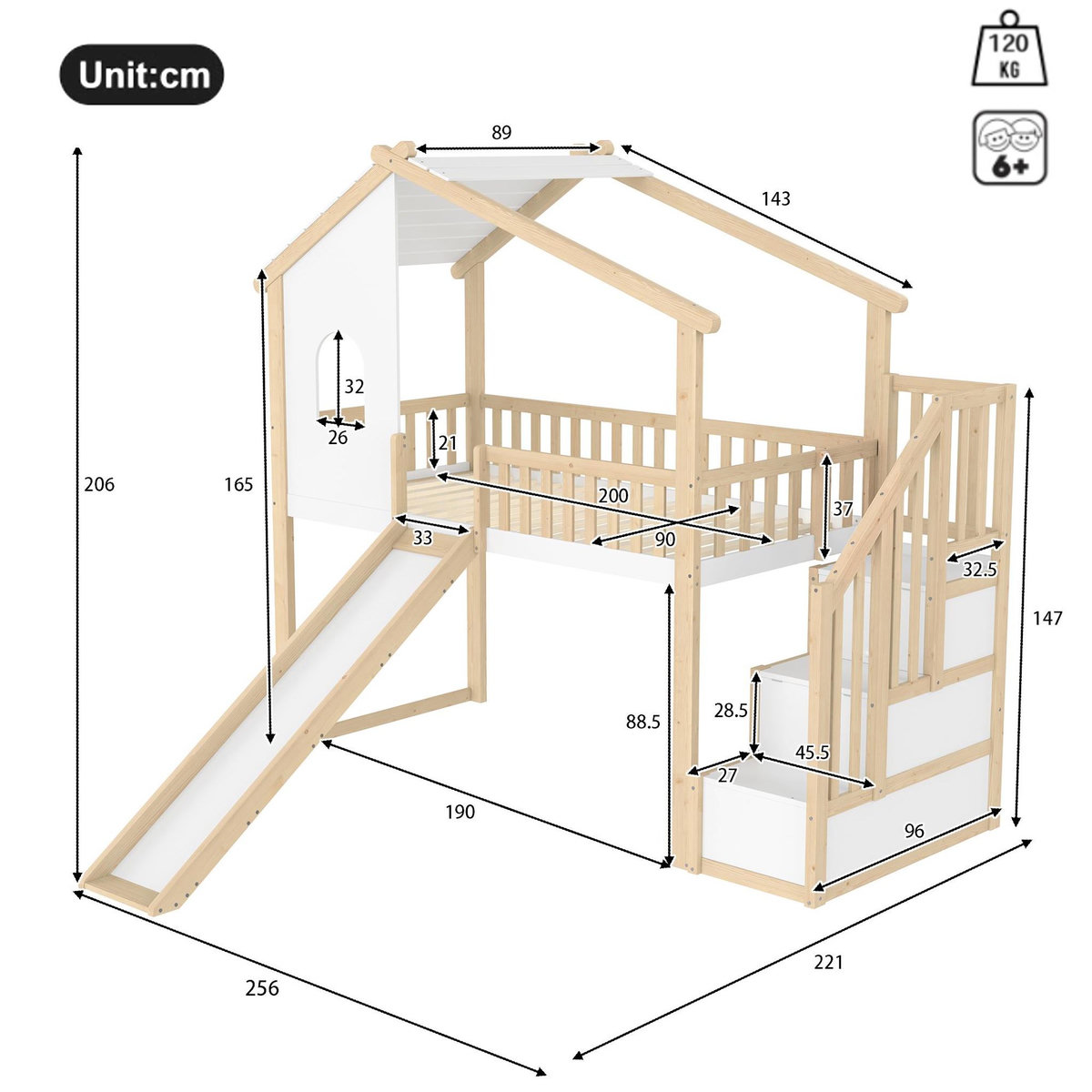 MERAX Lit combiné enfant 90x200cm coloris naturel+blanc pin
