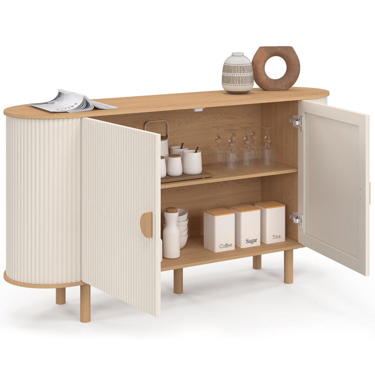 ID MARKET Buffet 140 cm KANEL 2 portes effet cannelé beige et bois