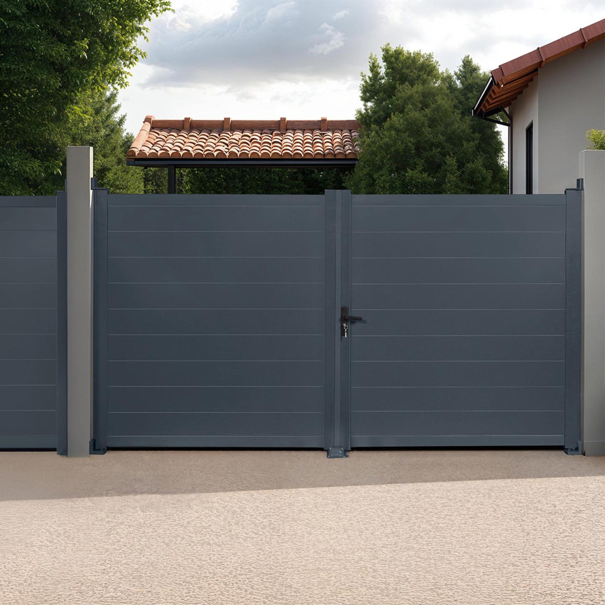 Voir la diapositive 2 : ID MARKET Portail battant 302x160 cm en aluminium gris anthracite