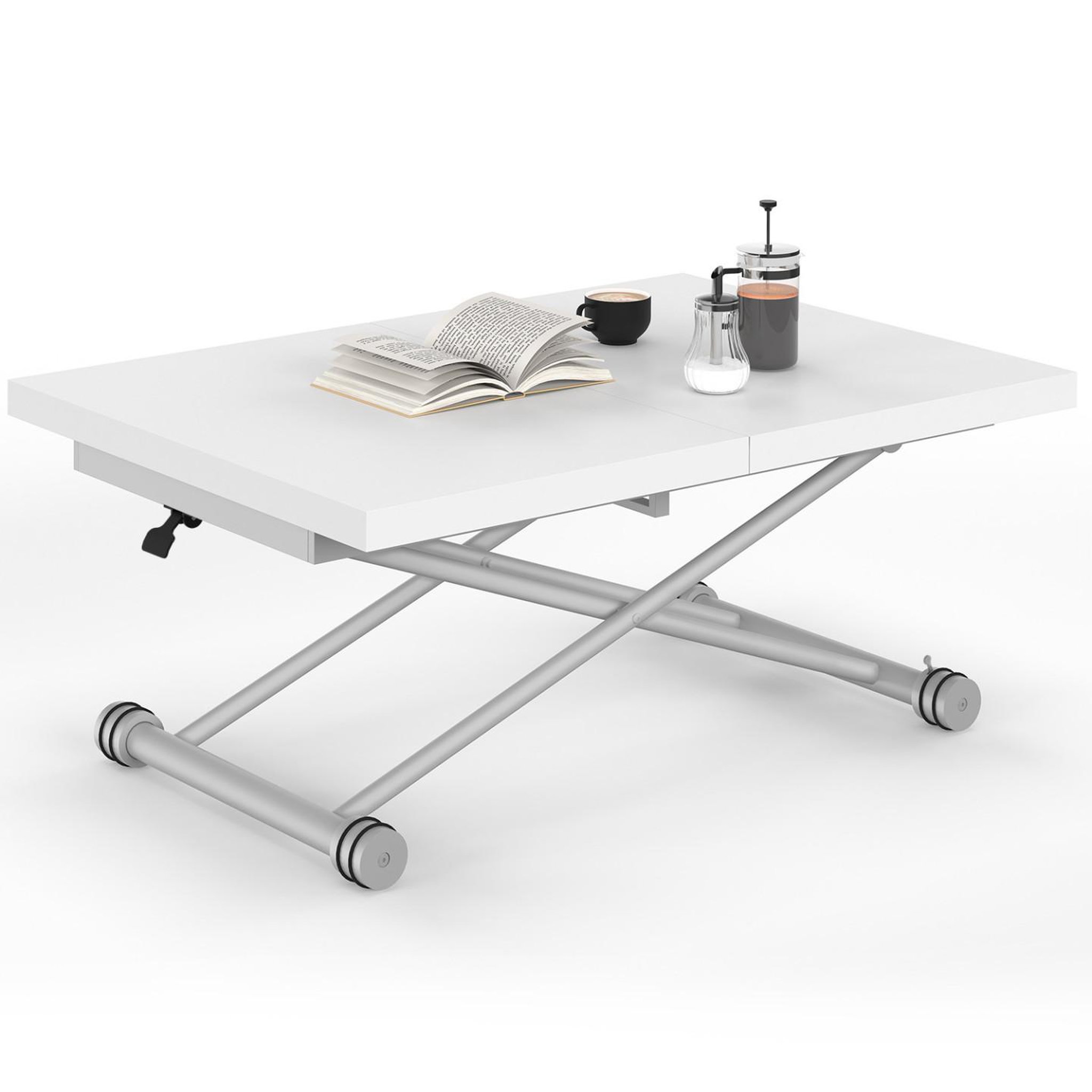 ID MARKET Table basse extensible relevable en table à manger rectangulaire altura 100-160 cm plateau blanc pied gris chromé