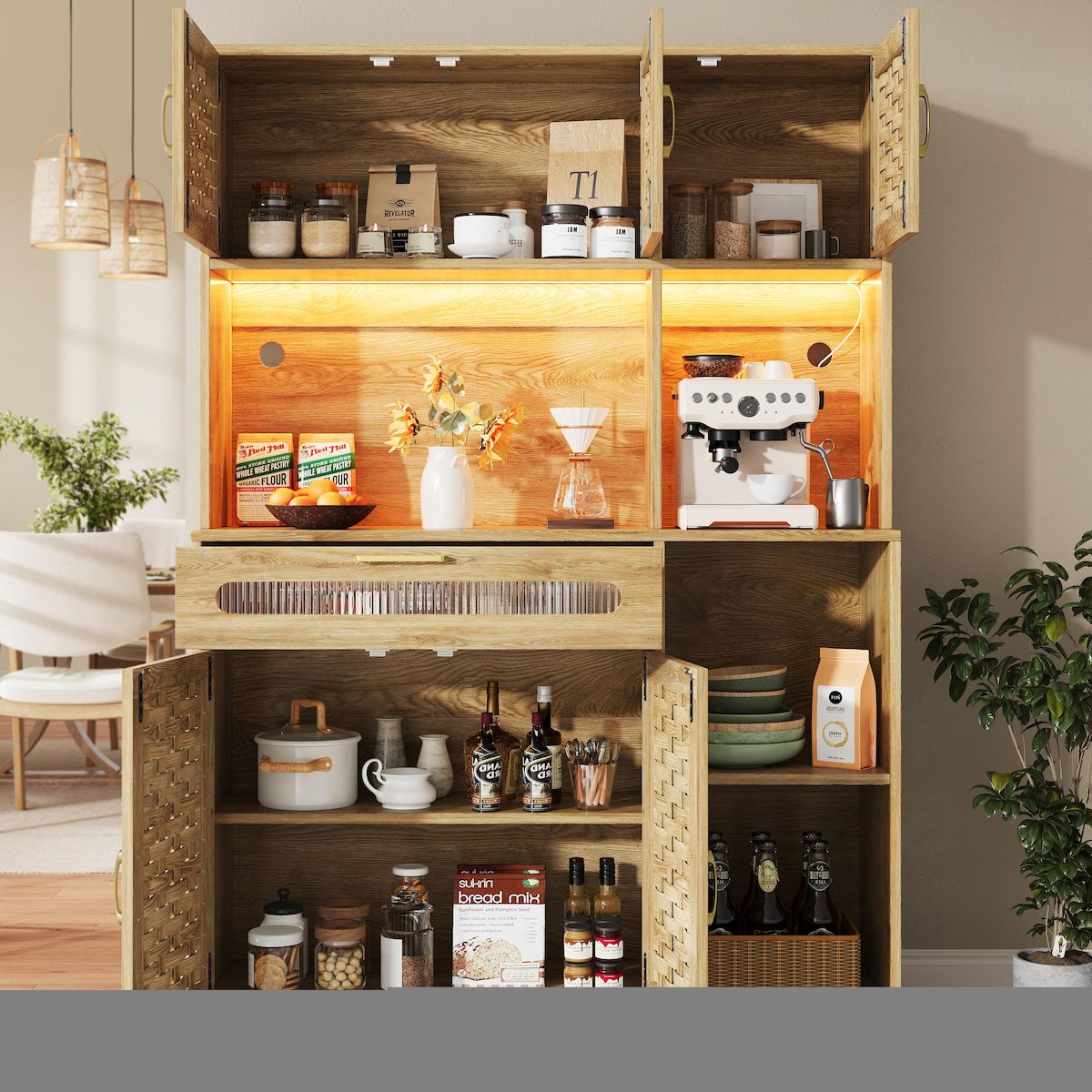 MERAX Buffet de cuisine 5 portes 1 tiroir - 120 cm naturel led mdf