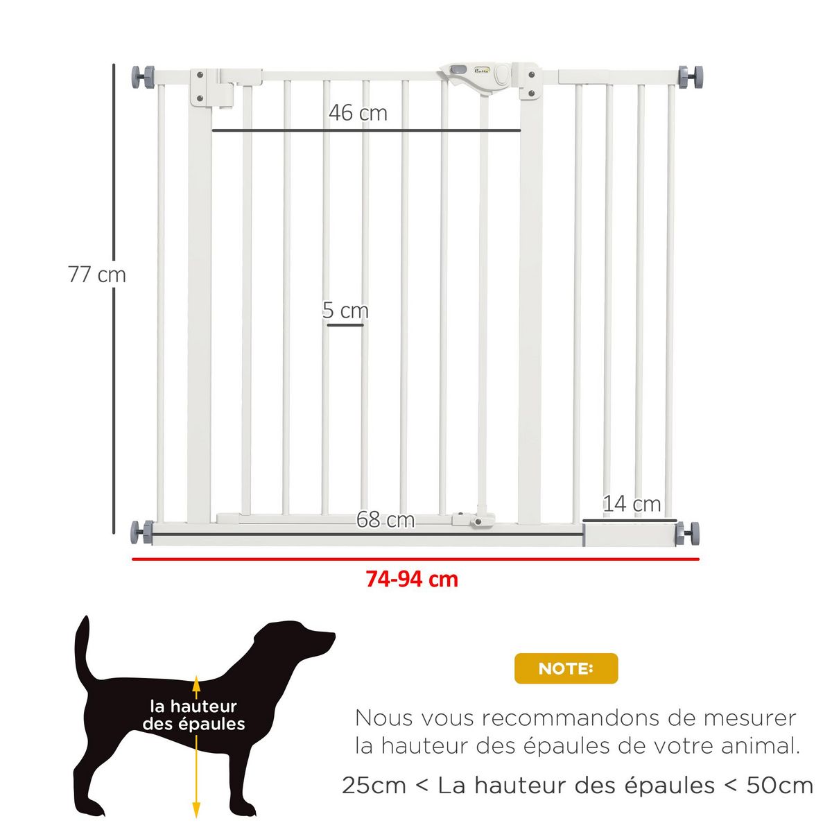 PAWHUT Barrière de sécurité chien - porte double verrouillage - L.94 cm max. - sans perçage - métal blanc