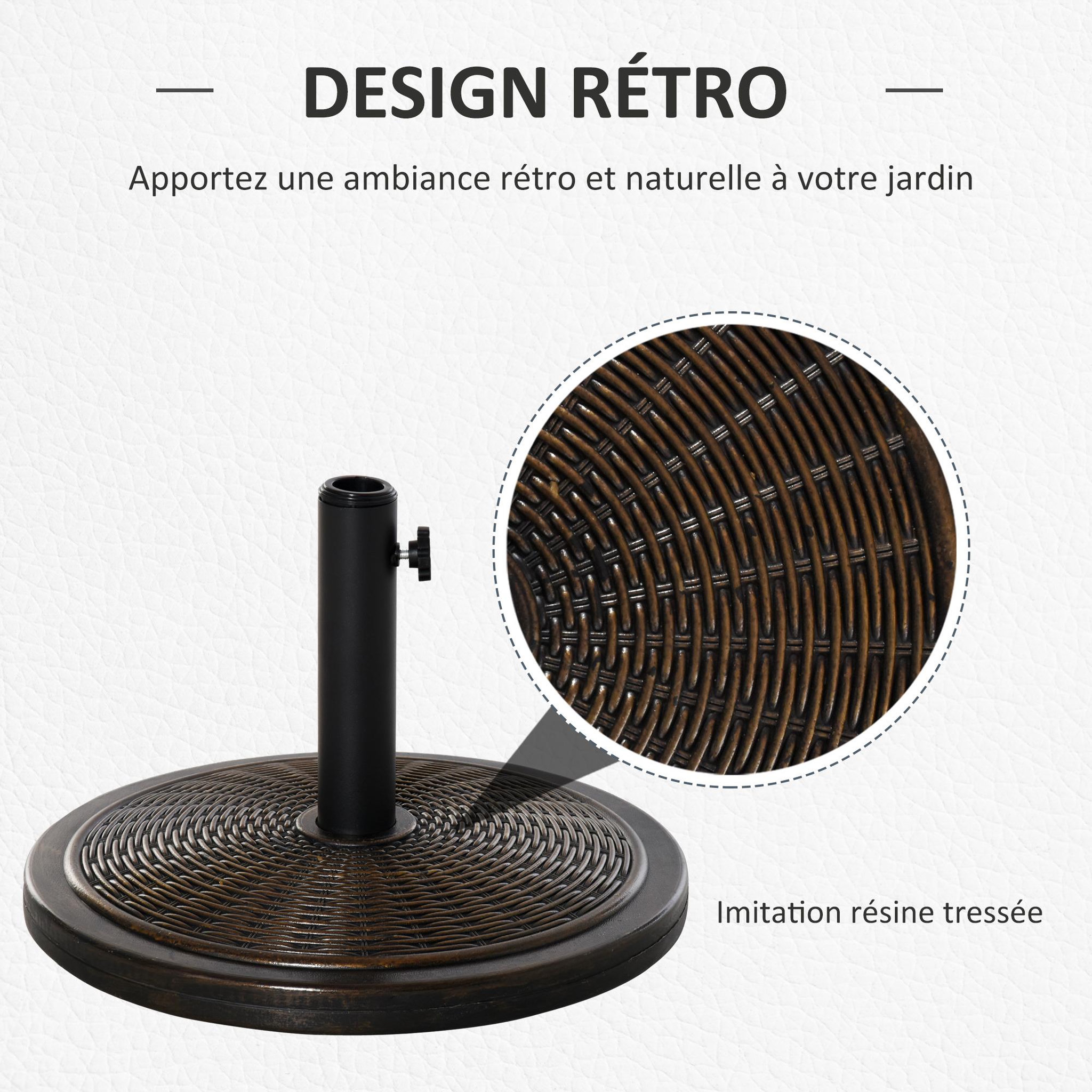 Voir la diapositive 4 : OUTSUNNY Pied de parasol rond base de lestage Ø 48 x 34 cm résine imitation rotin poids net 14 Kg noir bronze