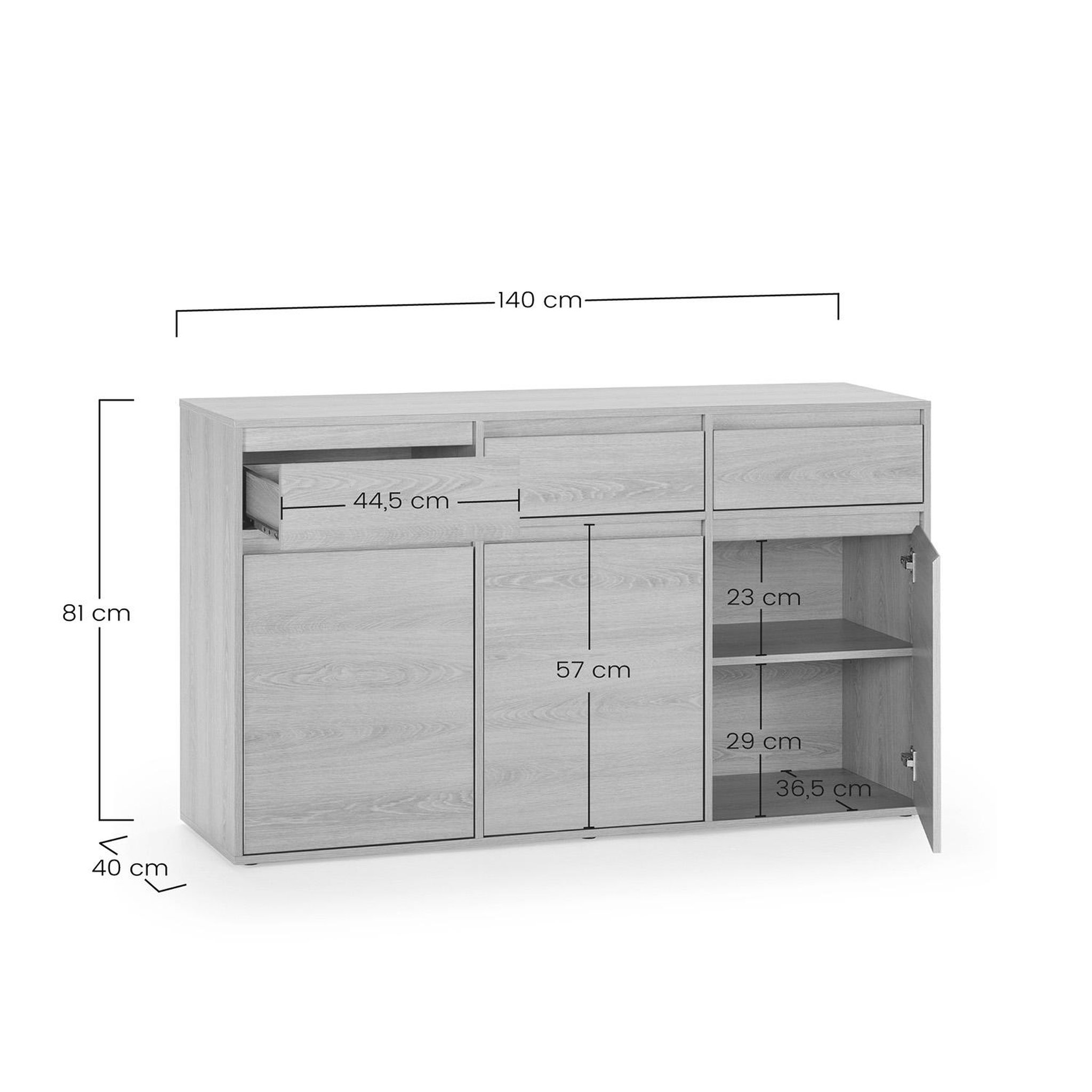 Voir la diapositive 6 : VS VENTA-STOCK Buffet Tori 3 portes 3 tiroirs, coloris chêne, 140 cm