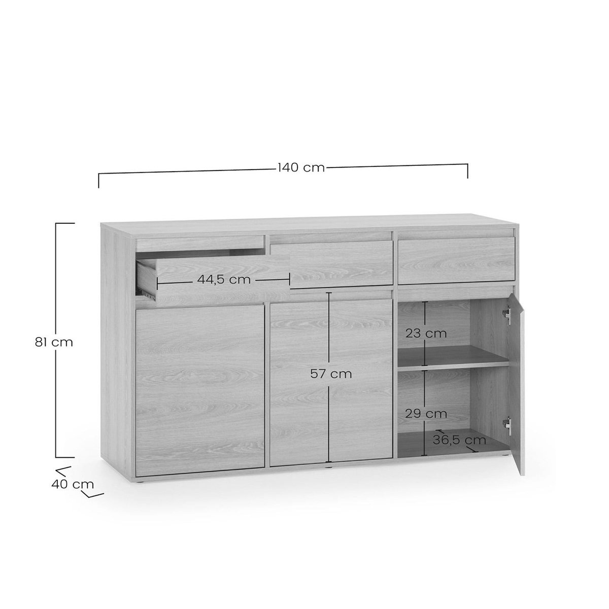 VS VENTA-STOCK Buffet Tori 3 portes 3 tiroirs, coloris chêne, 140 cm