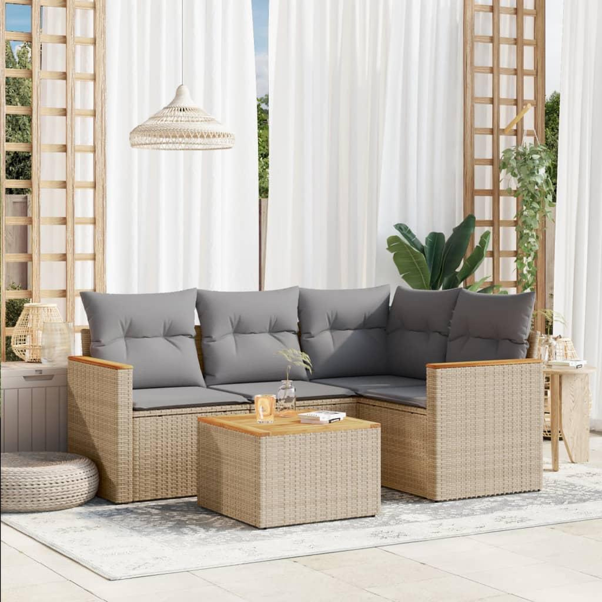 VIDAXL Salon de jardin avec coussins 5 pcs beige resine tressee