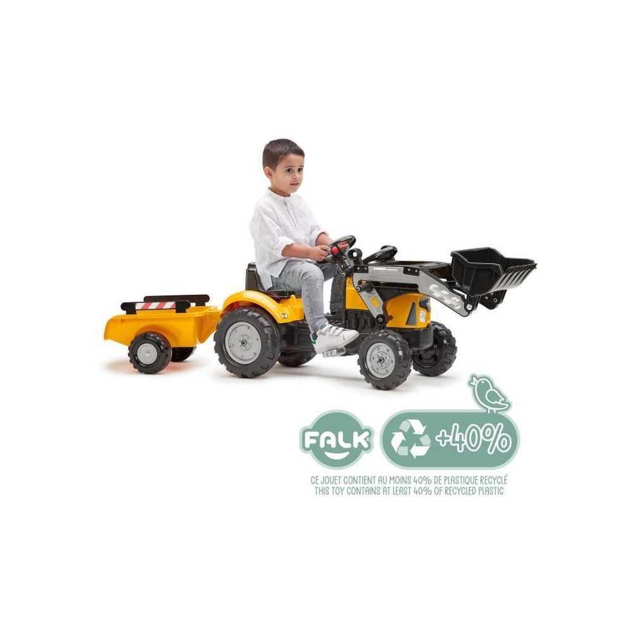 Voir la diapositive 2 : FALK Tractopelle a pédales SuperBuilder - FALK - Volant directionnel, Remorque - Fabriqué en France, 40% de plastique recyclé - De