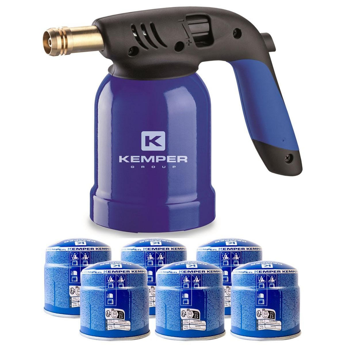 Kemper Lampe a souder Coque Acier Allumage piezo + 6 Cartouches de gaz 190gr STOP GAZ Perçables KEMPER
