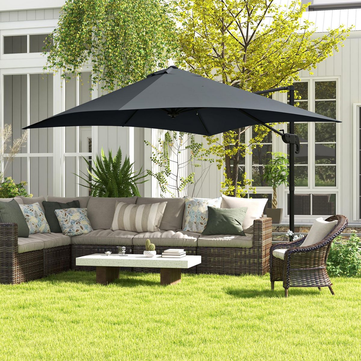 OUTSUNNY Parasol déporté carré inclinable pivotant 360° manivelle piètement acier dim. 2,95L x 2,95l x 2,66H m gris
