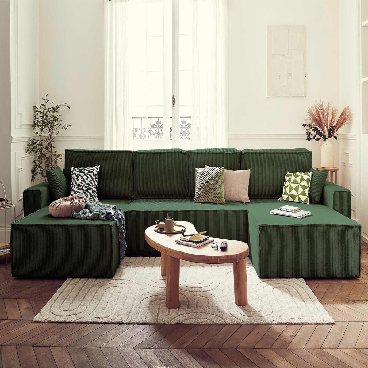 BEST MOBILIER Dellia - canapé panoramique en u - 7 places - convertible - avec coffre - en velours côtelé