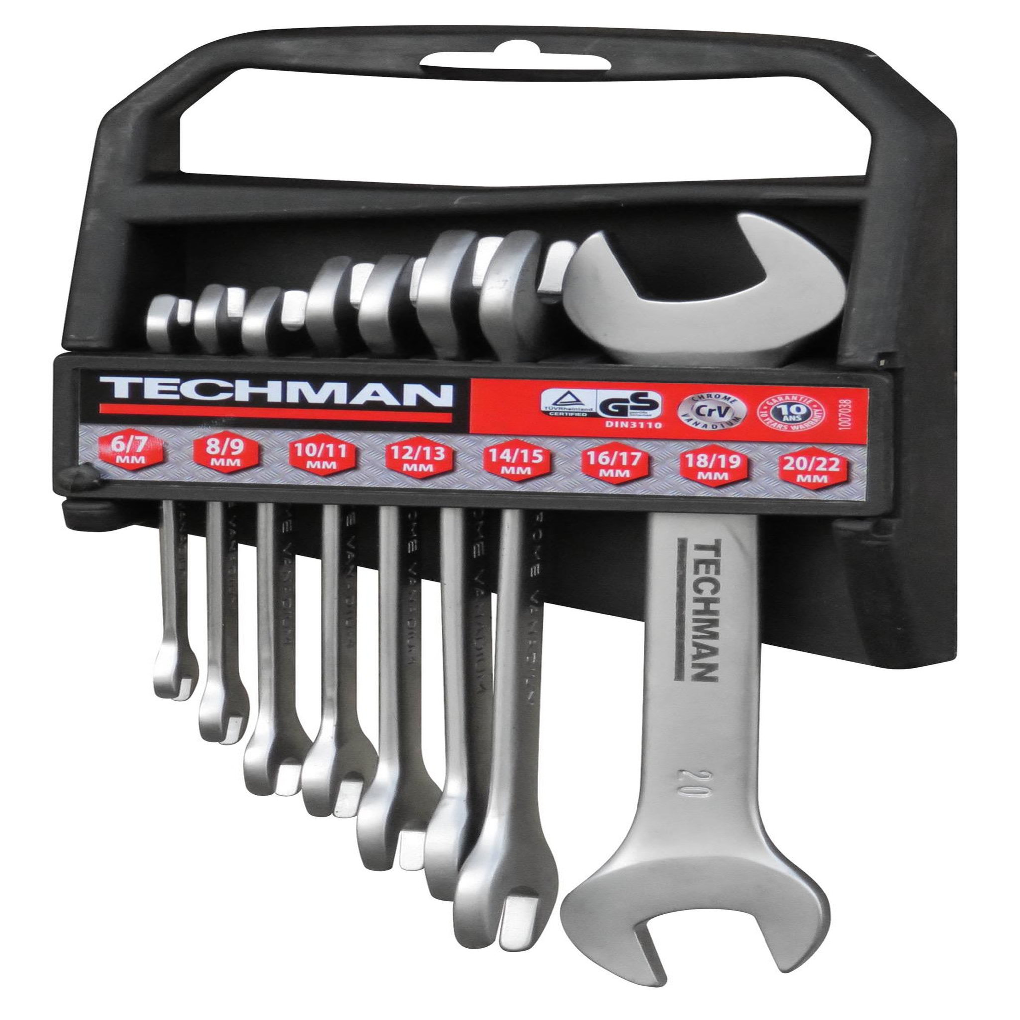TECHMAN Jeu de 8 clés Doubles Fourches Industries: 6x7 / 8x9 / 10x11 / 12x13 / 14x15 / 16x17 / 18x19 / 20x22 mm
