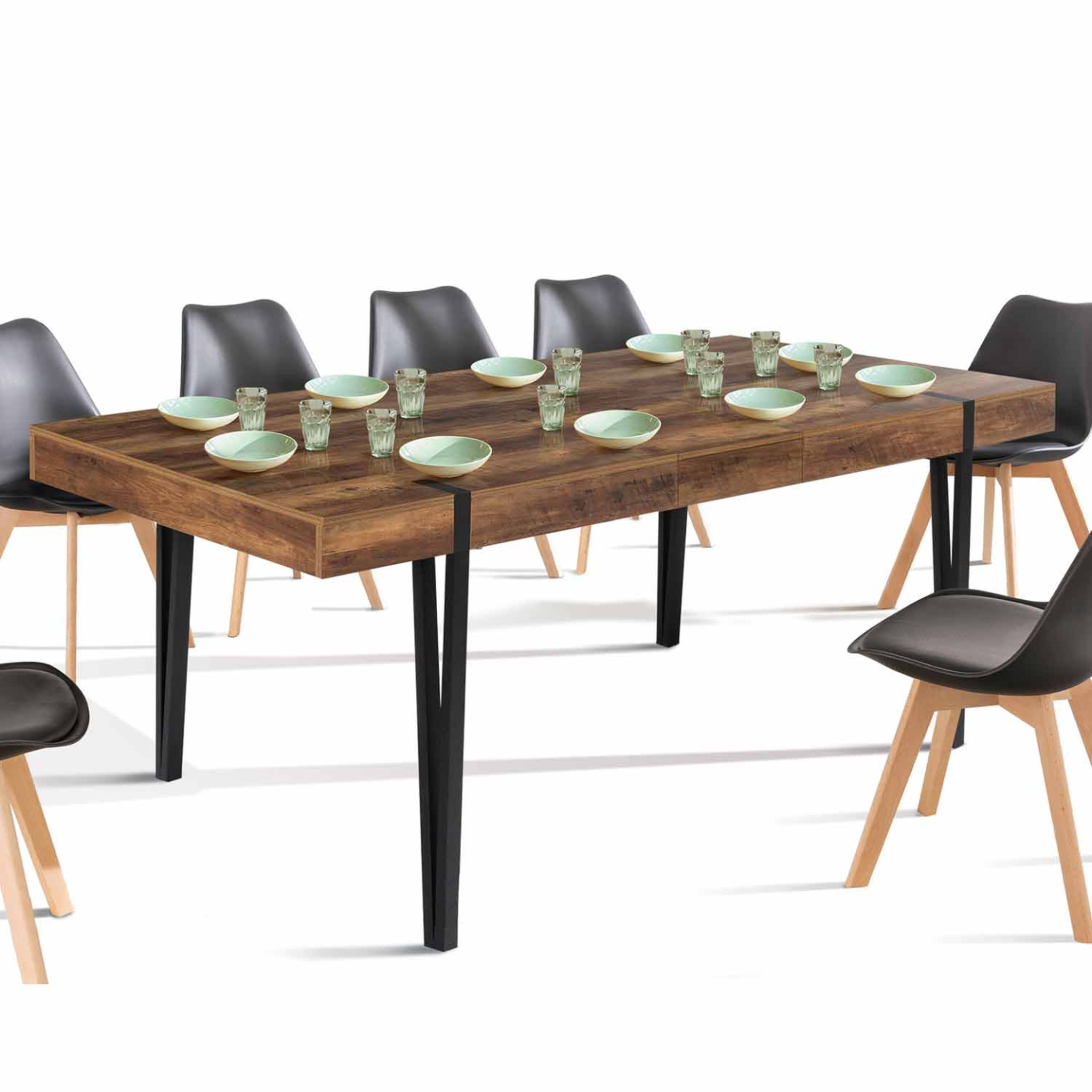 ID MARKET Table à manger extensible rectangle austria 6-10 personnes bois foncé pied épingle noir 160-200 cm