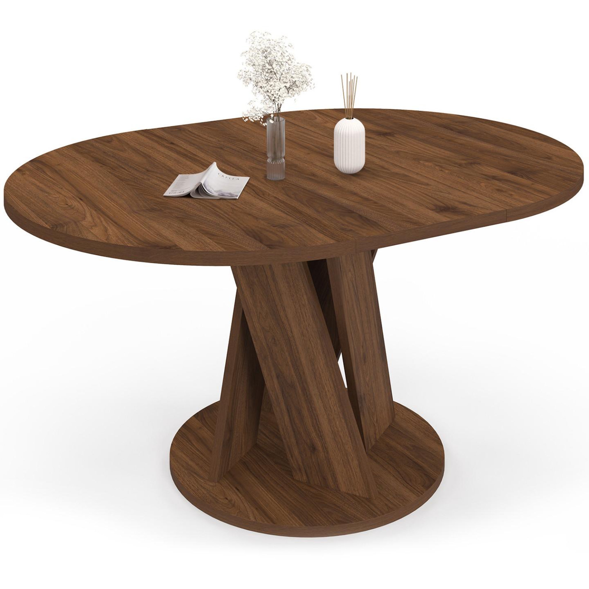 ID MARKET Table à manger extensible ronde jasmine 4-8 personnes pied central noyer 110-150 cm