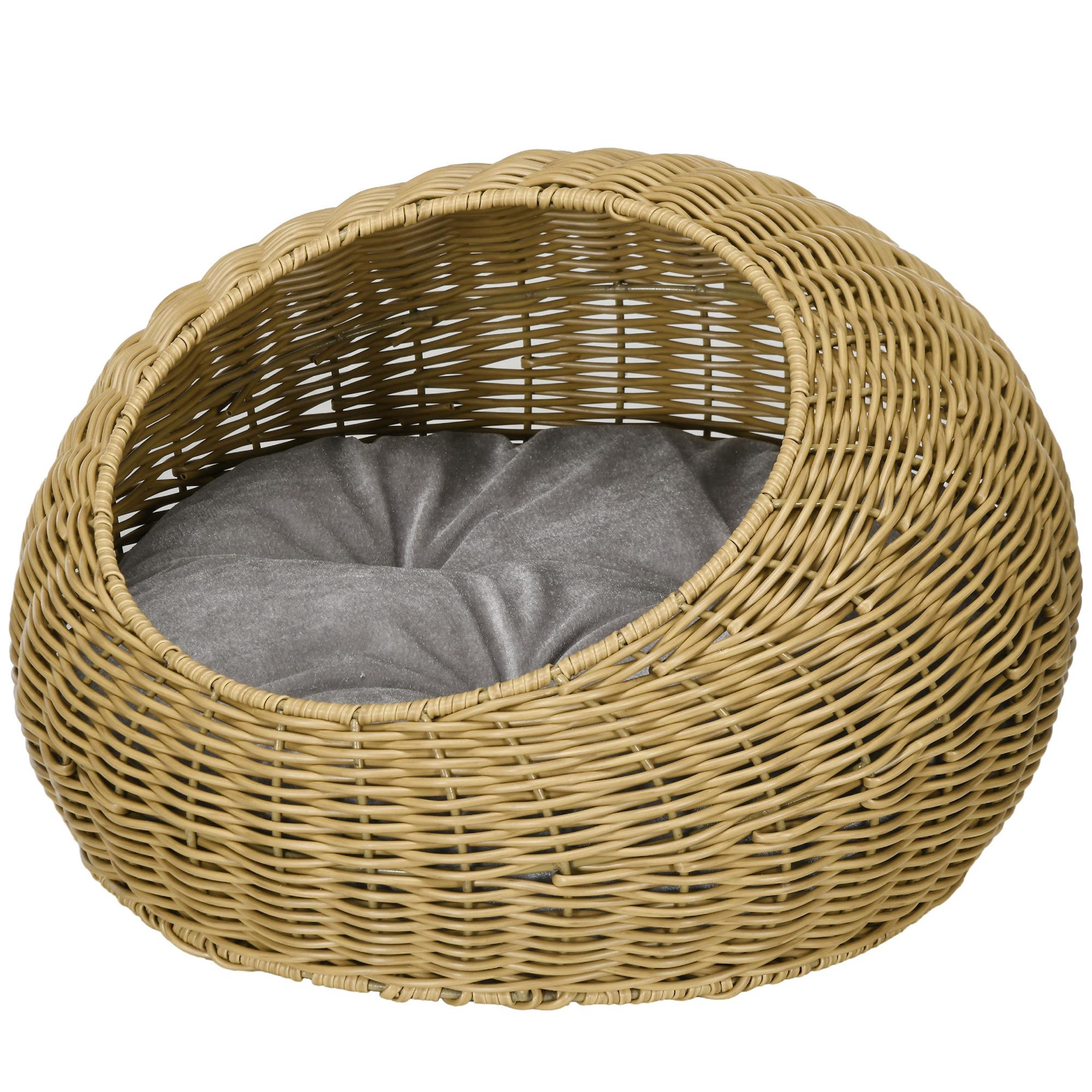 Voir la diapositive 1 : PAWHUT Niche pour chat lit pour chat panier de chat en résine tressée imitation rotin coussin doux déhoussable ø 50 x 31h cm marron clair