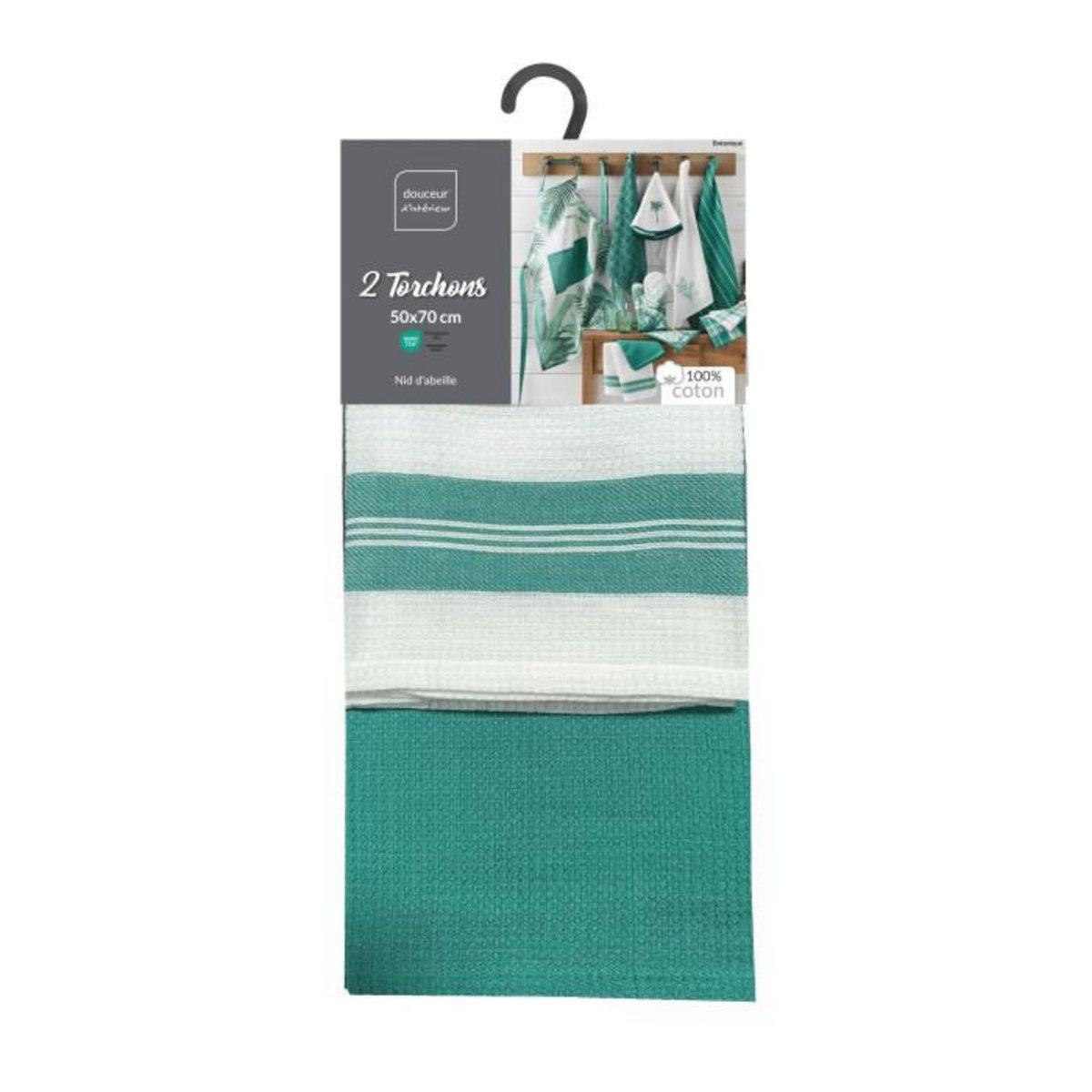 Paris Prix Lot de 2 Torchons Nid d'Abeille  Botanique  50x70cm Vert