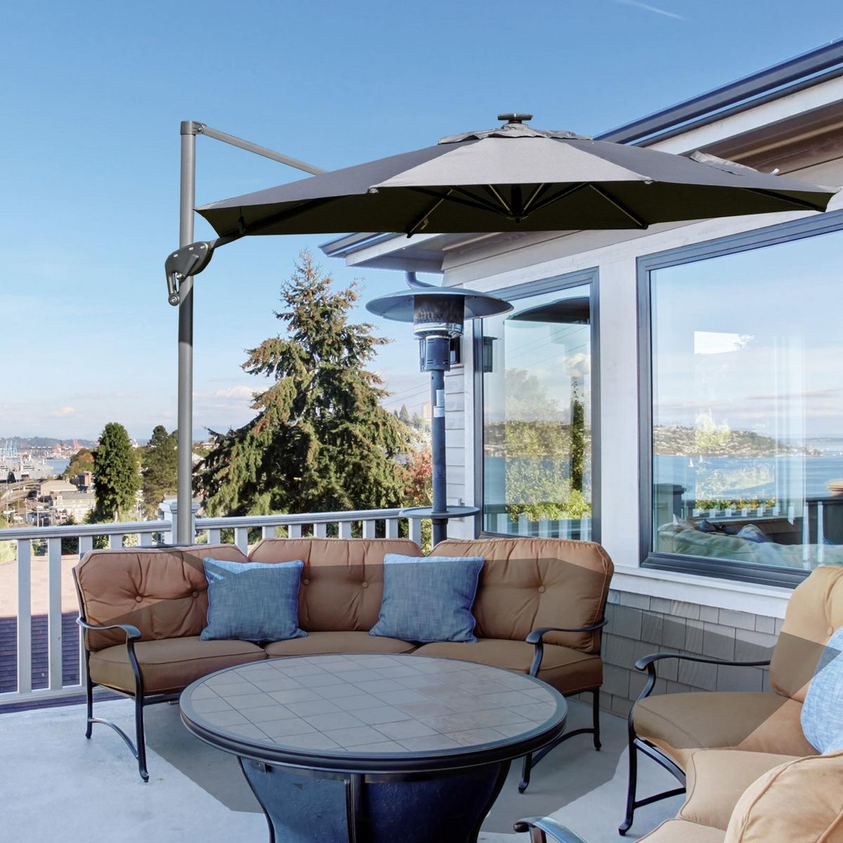 OUTSUNNY Parasol déporté octogonal parasol LED inclinable pivotant manivelle piètement acier dim. Ø 3 x 2,48H m gris