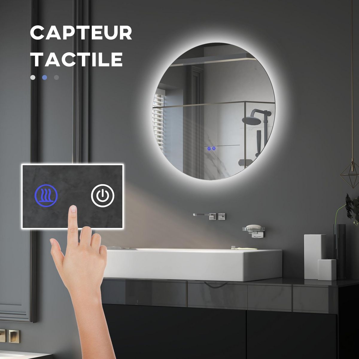 KLEANKIN Miroir rond lumineux LED de salle de bain 60 cm avec éclairage interrupteur tactile système antibuée miroir mural LED à luminosité réglable 29 W gris