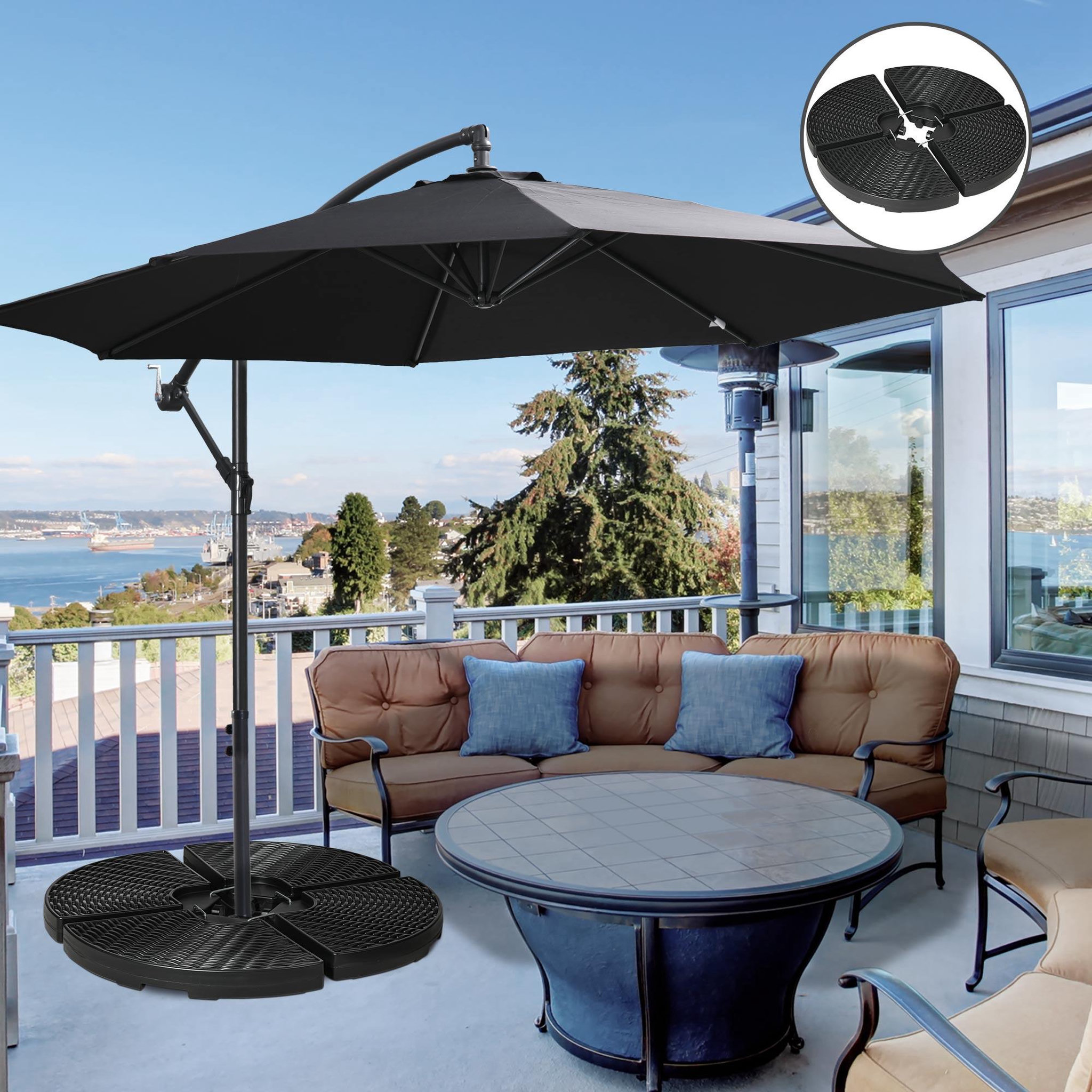 Voir la diapositive 2 : OUTSUNNY Pied de parasol lot de 4 dalles pour parasol à lester dim. tot. 100L x 100l x 8H cm HDPE aspect rotin noir