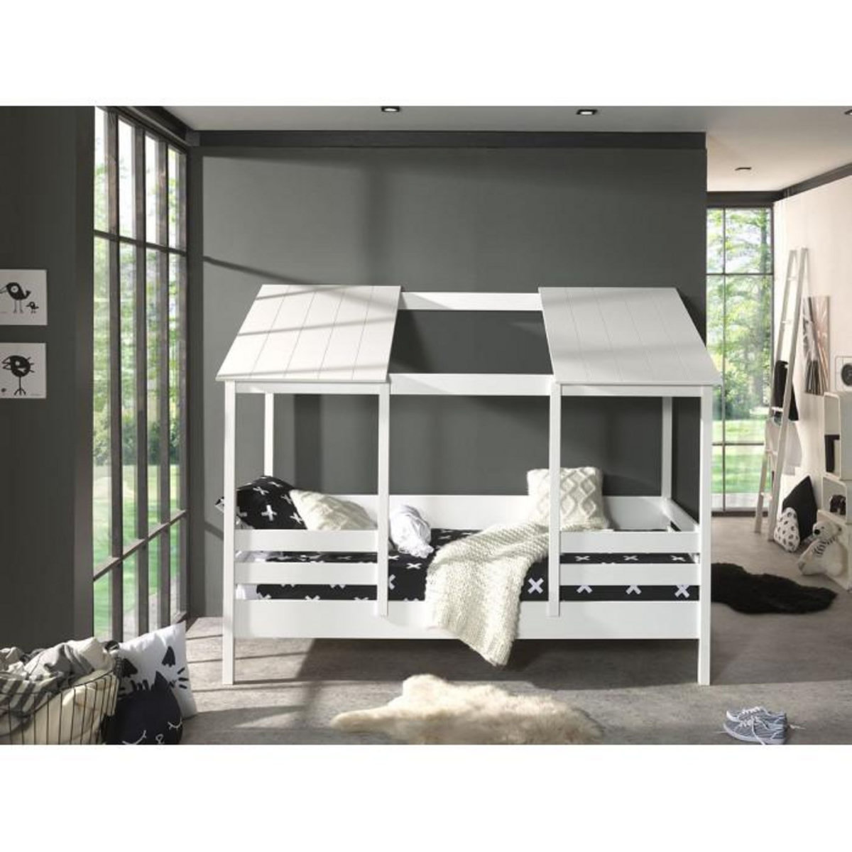 Paris Prix Pack - Lit Cabane Enfant & Sommier  Housebed I  90x200cm Blanc
