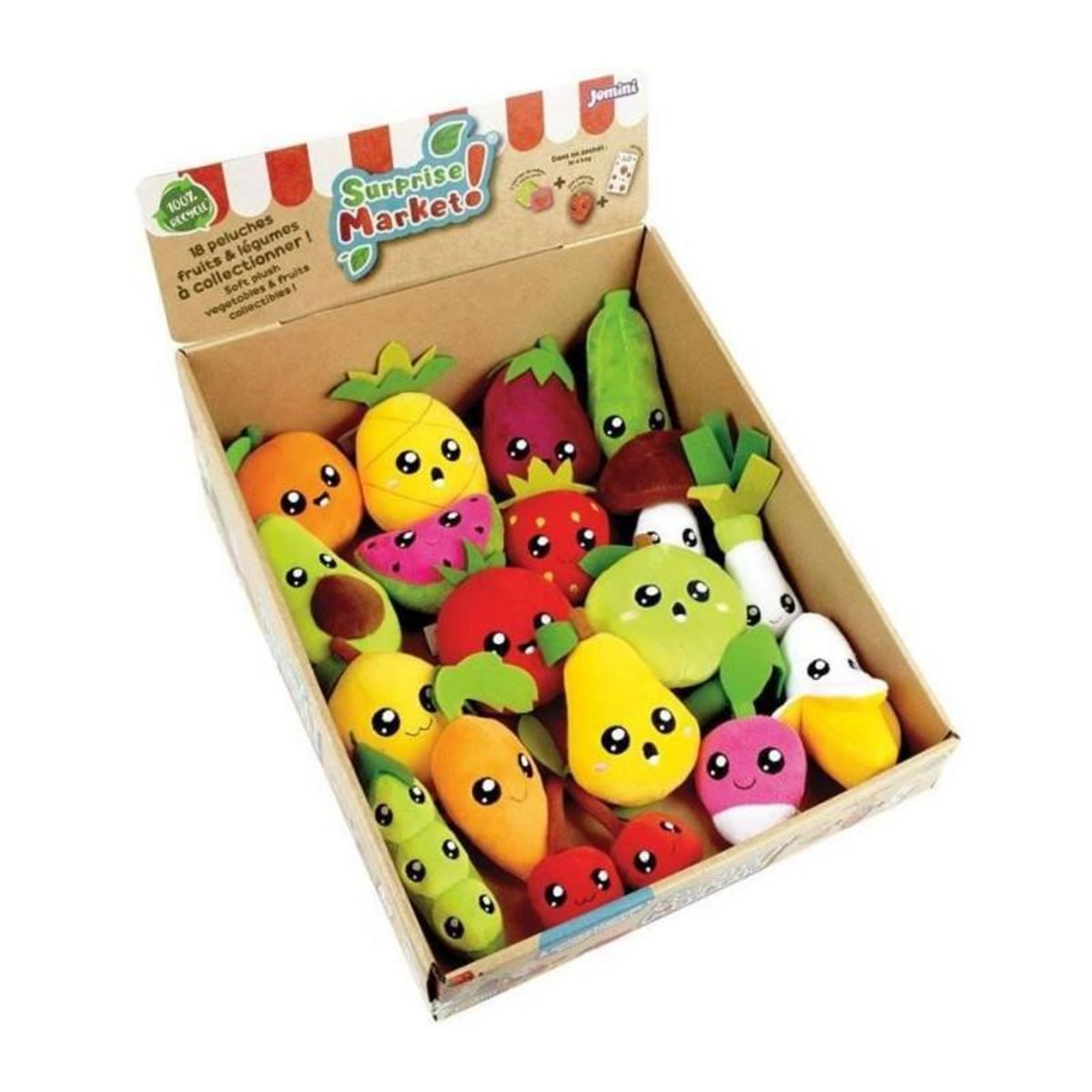 JEMINI Lot de 18 pochettes surprises - JEMINI - Surprise Market - Peluche fruits ou légumes +/- 10 cm, stickers et cartes mémo