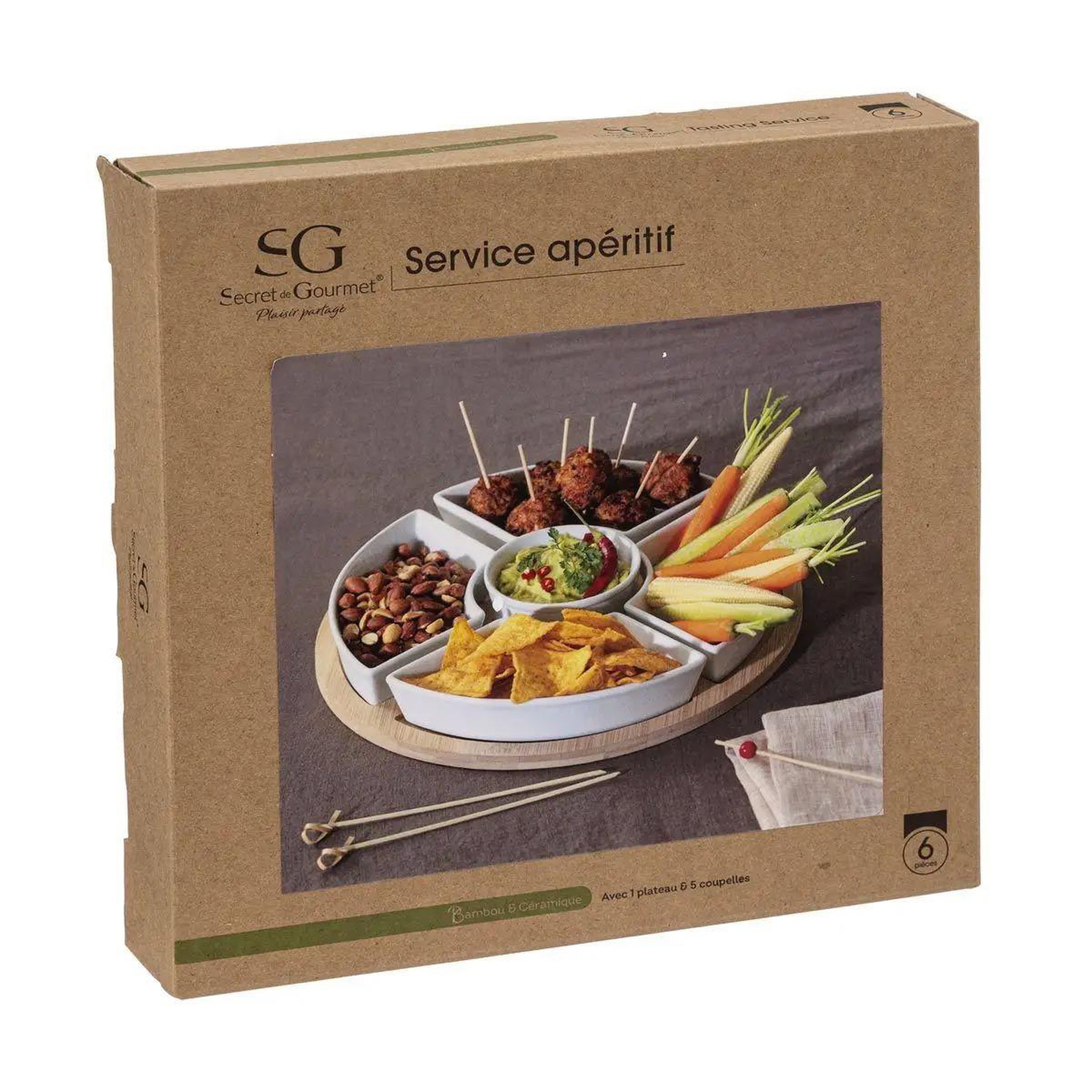 Voir la diapositive 5 : SECRET DE GOURMET Set apéritif 6 pièces  bambou  27cm blanc