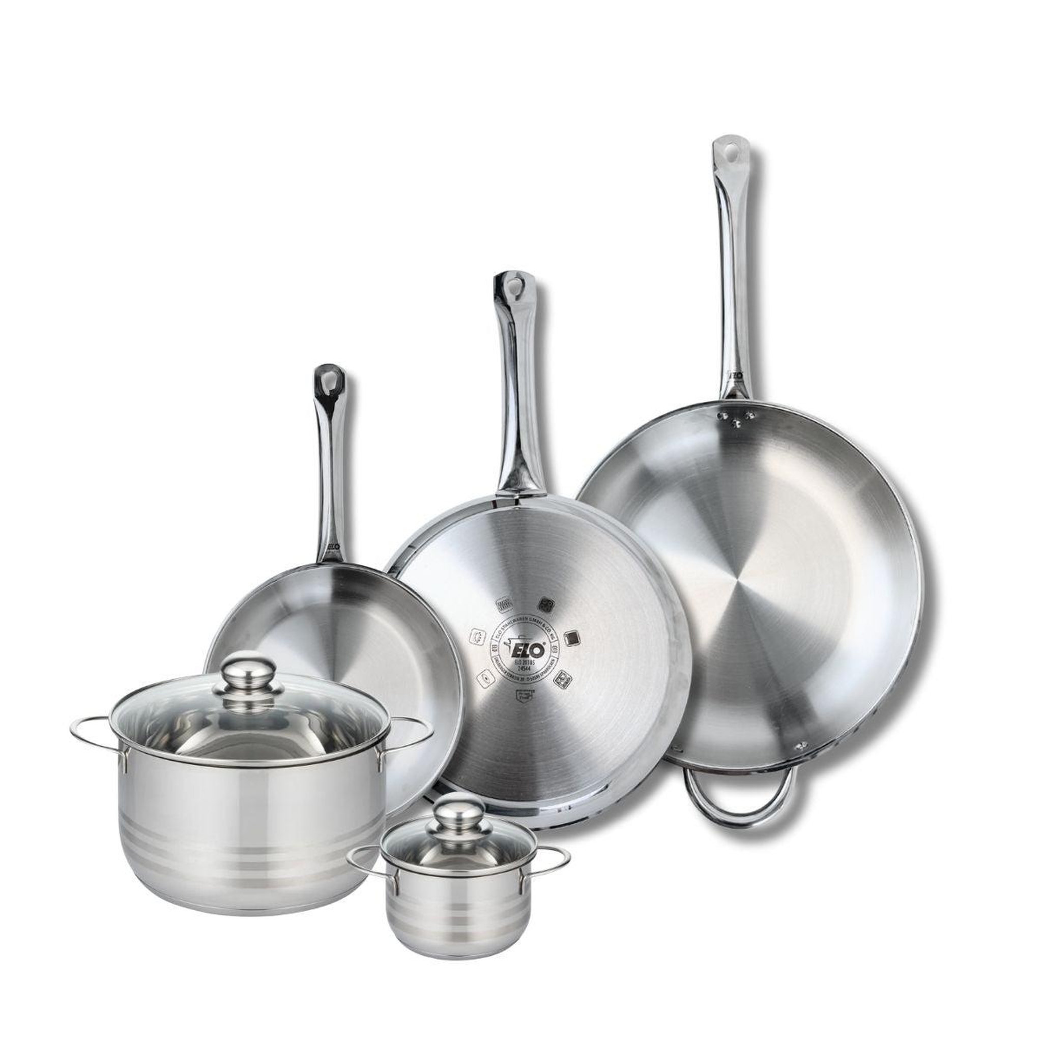 ELO Ensemble de 3 poêles de cuisson 24, 28 et 32 cm et 2 faitouts 12 et 20 cm elo profi brillant