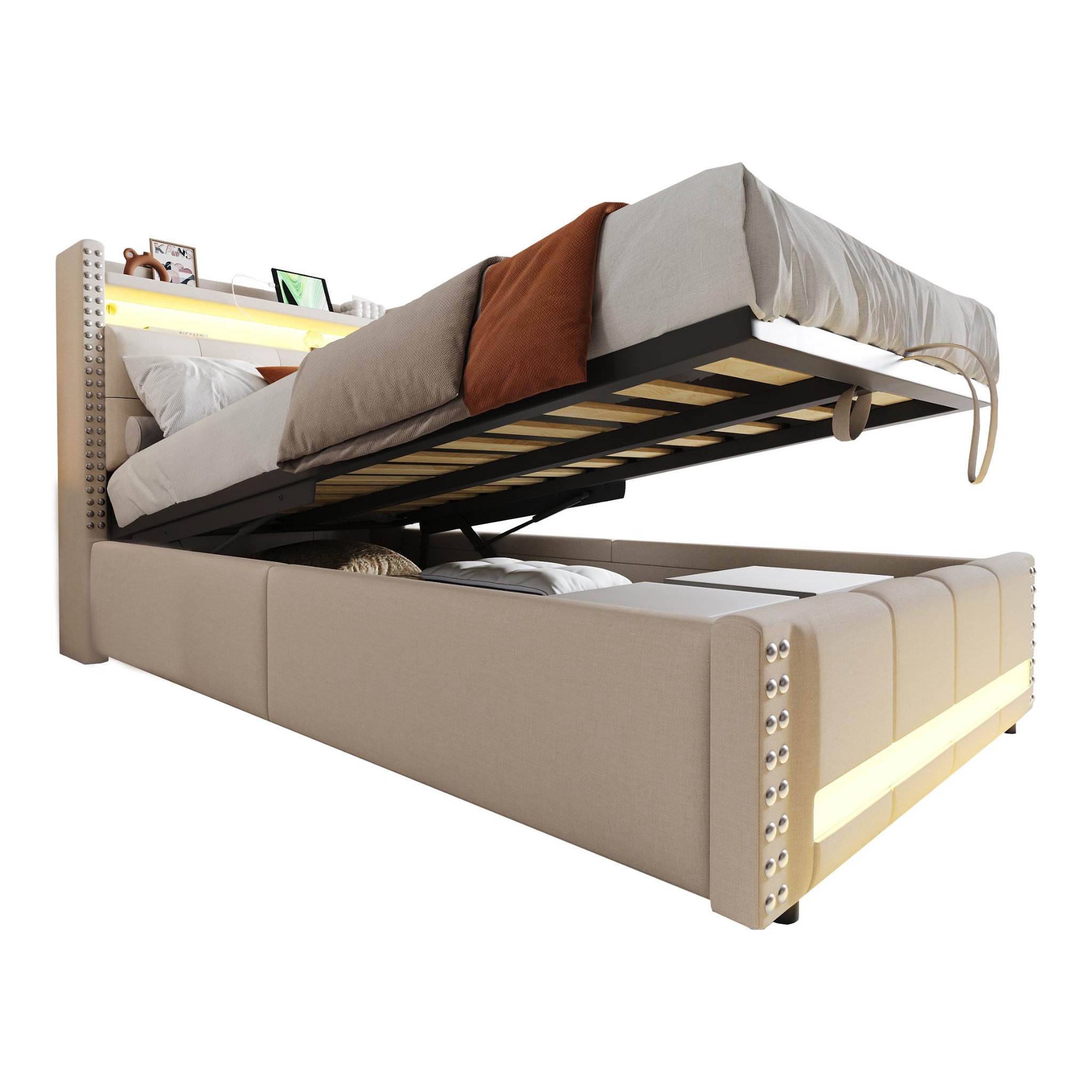 MERAX Lit coffre rembourré. Coloris disponibles : Gris, Beige