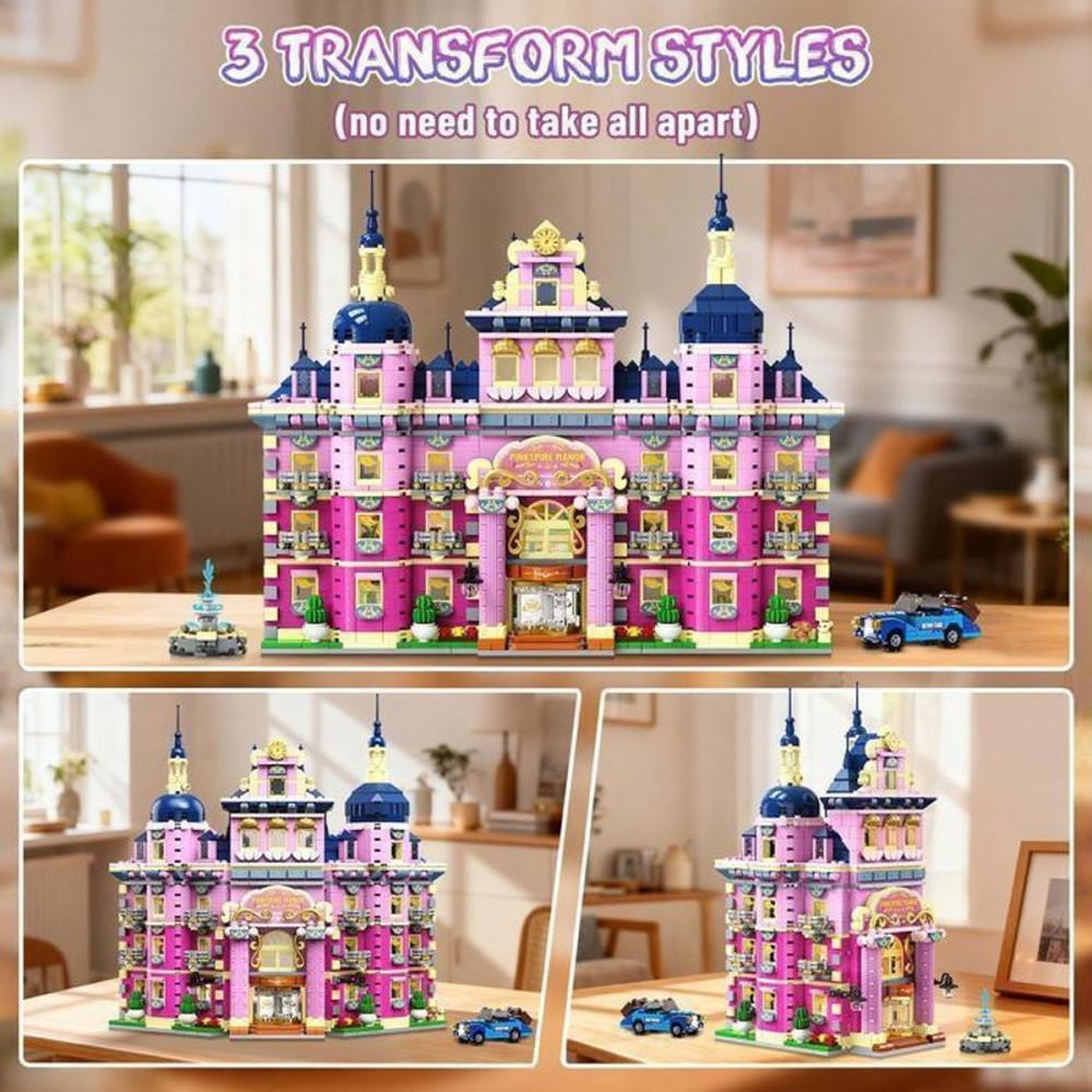 Voir la diapositive 2 : Kit maison de construction à LED Pinkspire Manor rose, 1815 pièces avec voiture et fontaine