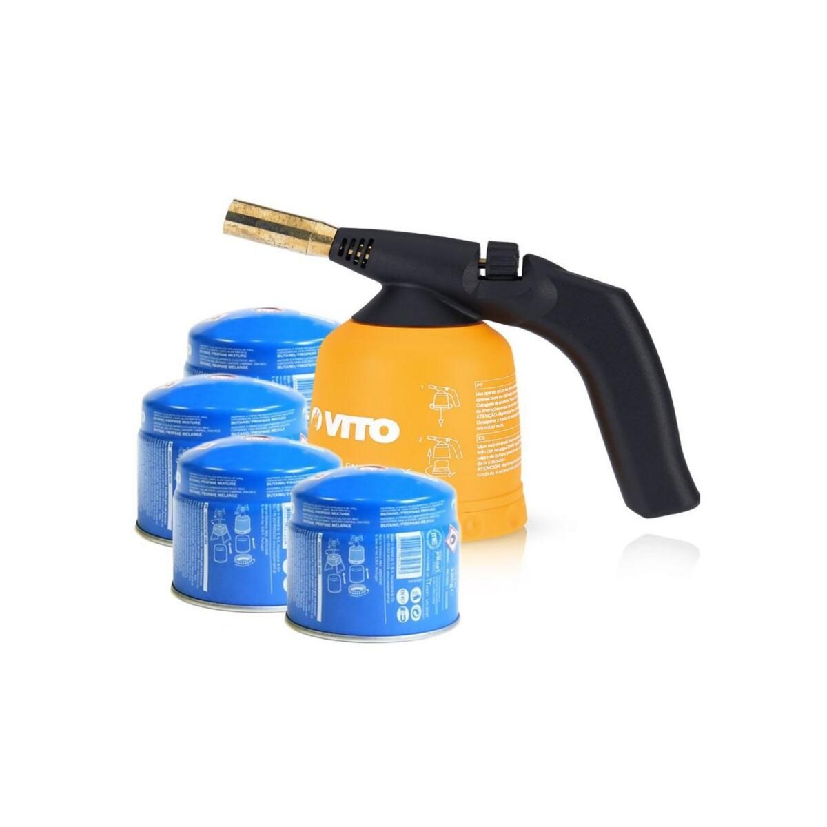 VITO Pro-Power Lampe à souder gaz VITO Allumage piezo coque ABS +  4 Cartouches gaz 190gr Sécurité stop gaz
