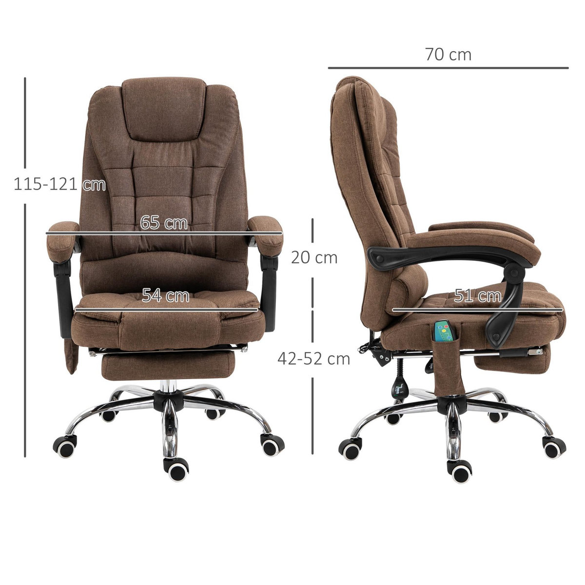 VINSETTO Fauteuil de bureau direction massant chauffant hauteur réglable dossier inclinable tissu marron