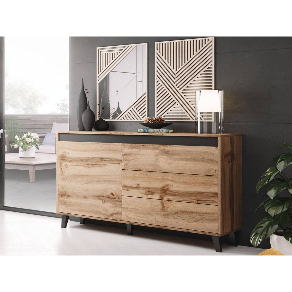 BEST MOBILIER Lord - buffet bas - effet bois et noir - 3 tiroirs et 1 porte - 138 cm