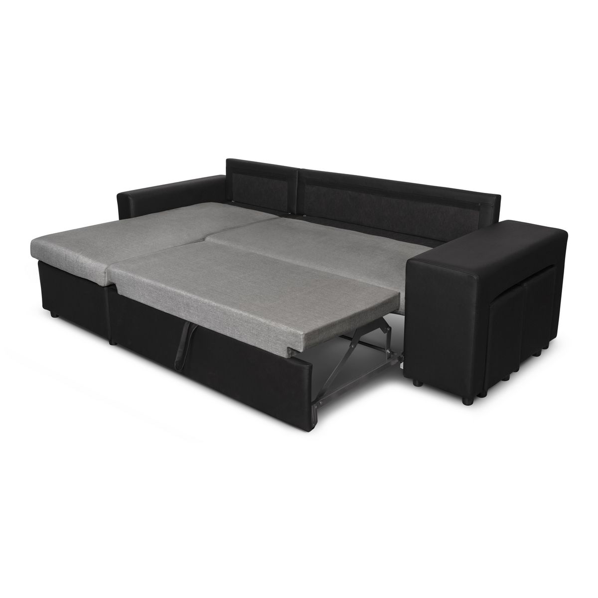 Canapé d'angle réversible convertible avec coffre + 2 poufs avec niche fixe à droite ANETTA