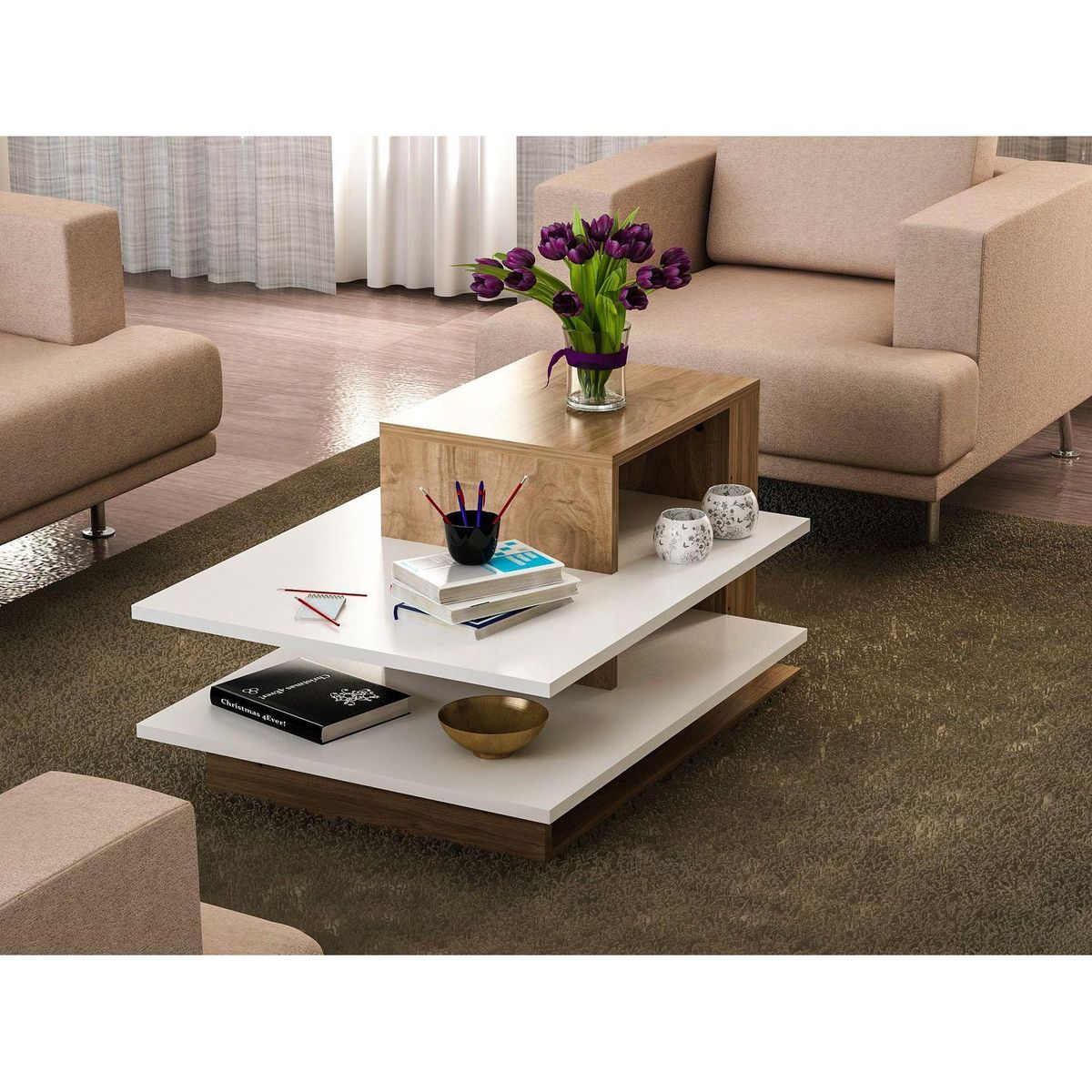 TOILINUX Table basse design scandinave Venüs - L. 85 x H. 43 cm - Marron noix