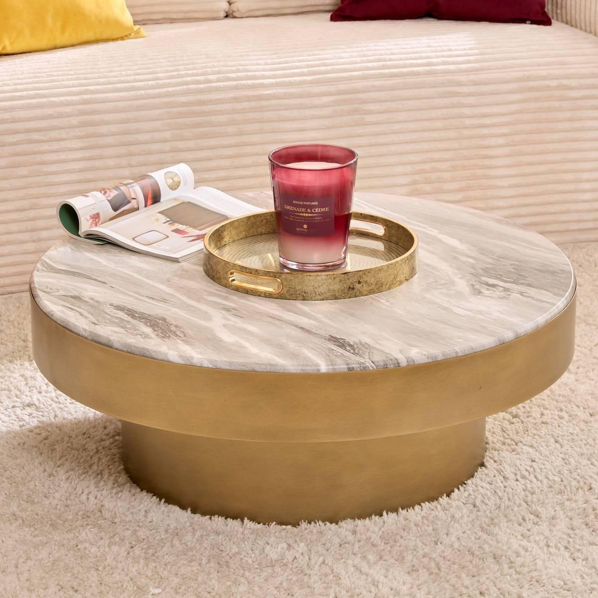Voir la diapositive 6 : ATMOSPHERA Table basse effet marbre  barrel  80cm doré