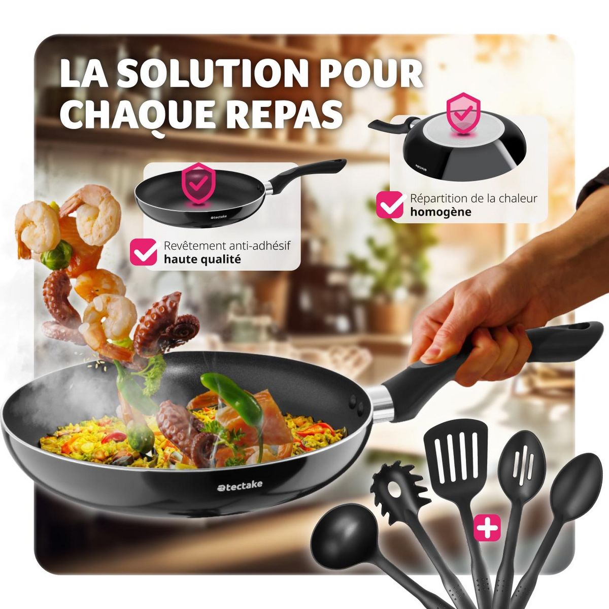 tectake Set de batterie de cuisine 15 pièces noir