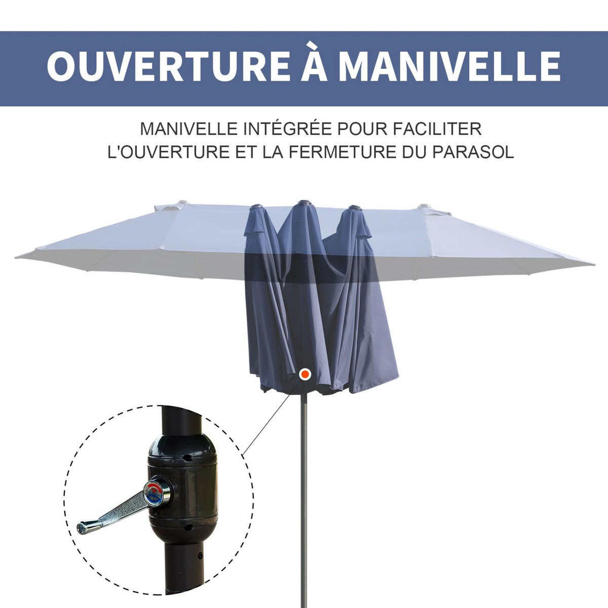 OUTSUNNY Parasol de jardin XXL parasol grande taille 4,6L x 2,7l x 2,4H m ouverture fermeture manivelle acier polyester haute densité bleu