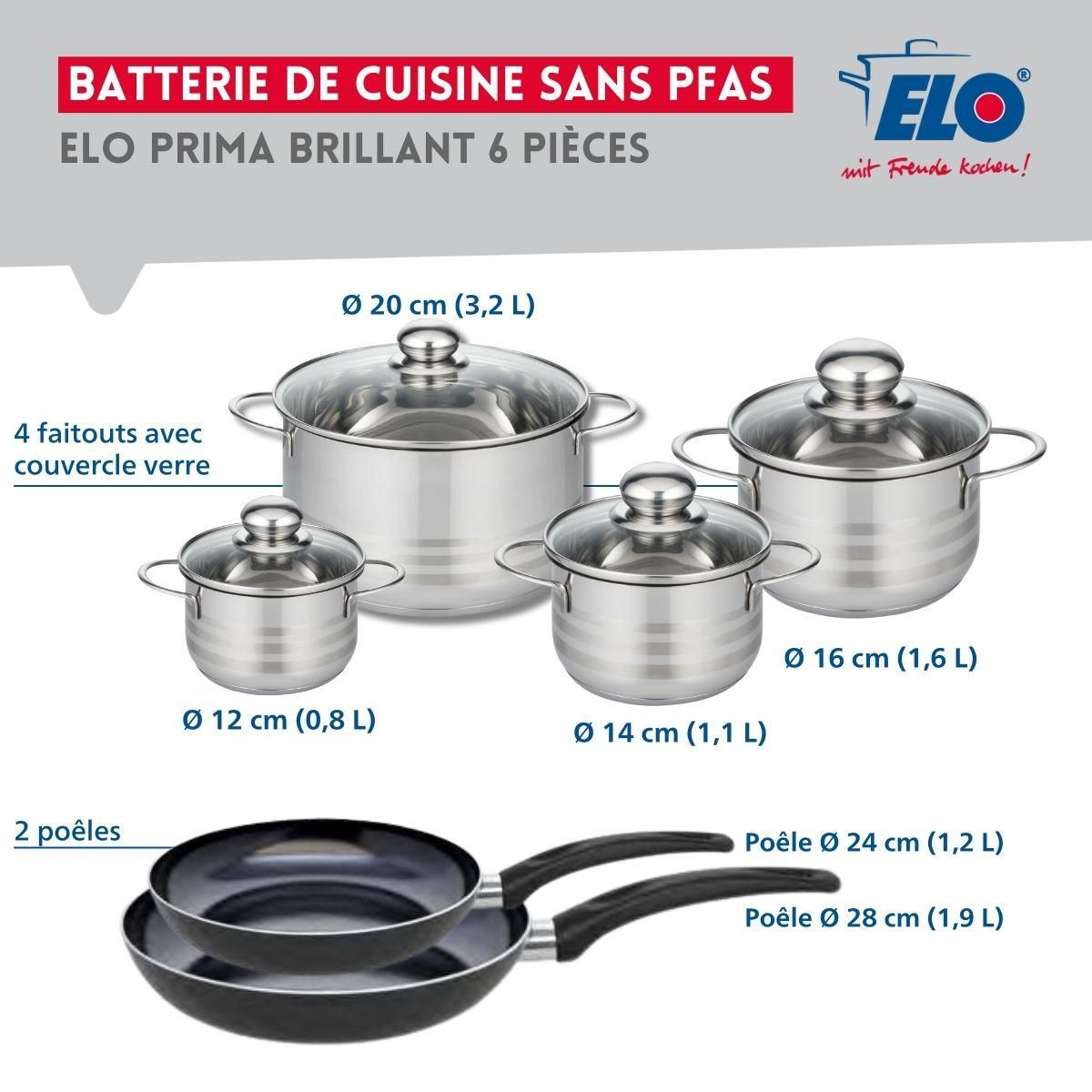 ELO Ensemble de 2 Poêles de cuisson 24 et 28 cm et 4 faitouts 12, 14, 16 et 20 cm Elo Prima Brillant