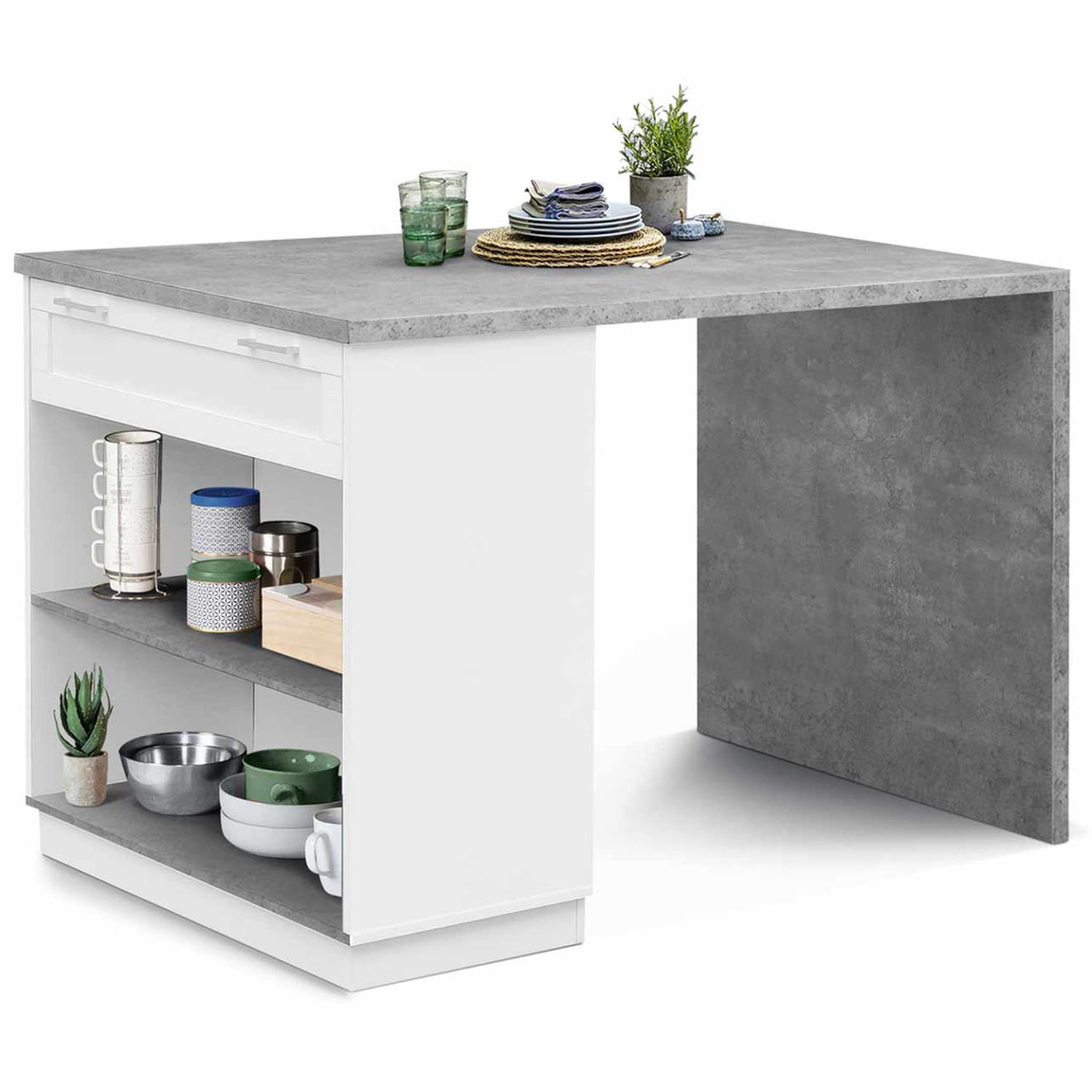 ID MARKET Ilot central mange debout 4 personnes vito 130 cm blanc et plateau effet béton