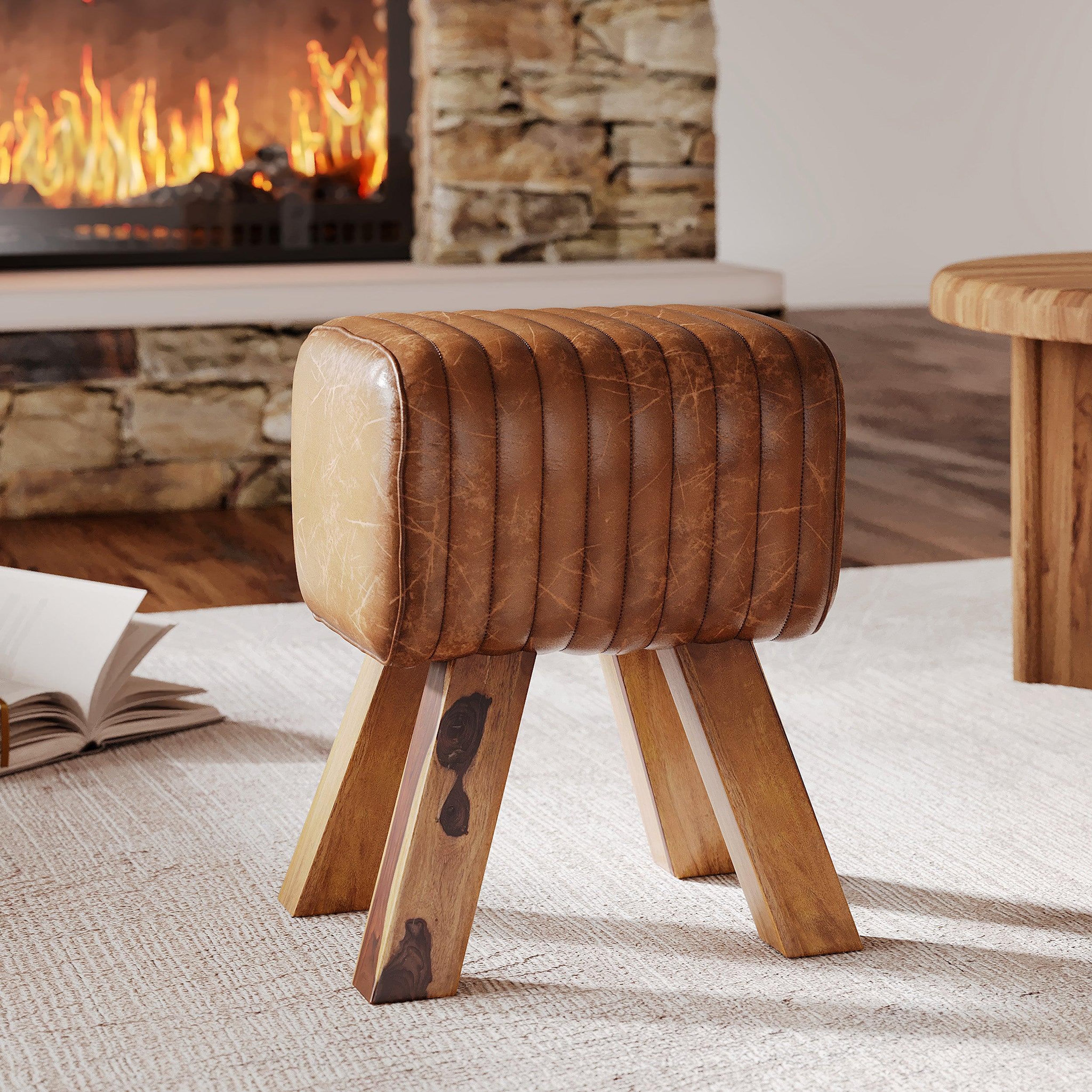Voir la diapositive 2 : MAISON PAVANE Tabouret en cuir marron et bois de manguier-morena