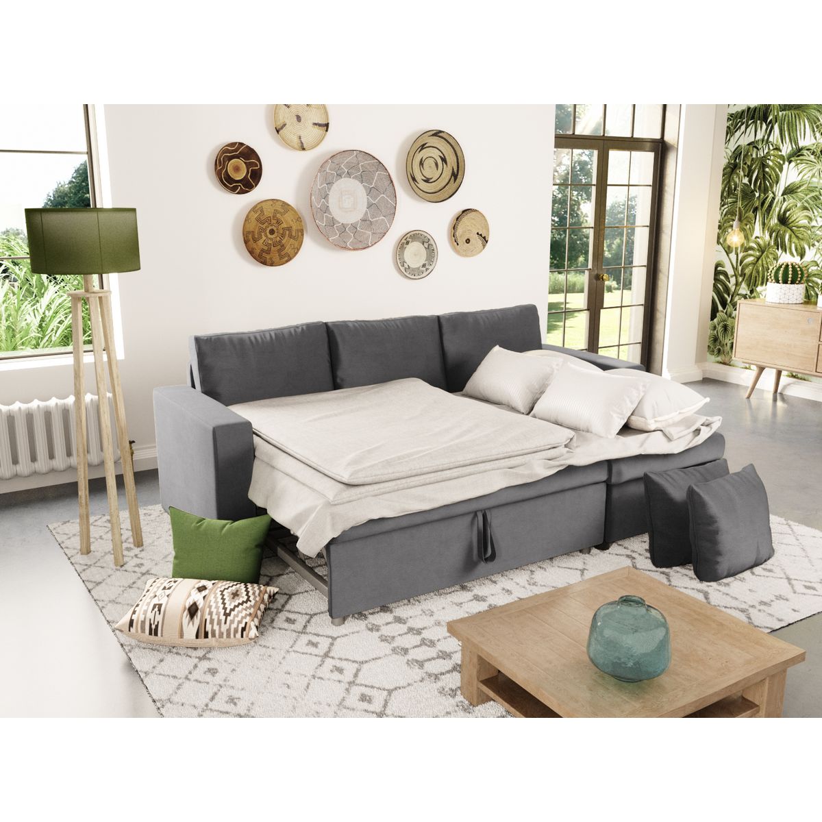 Canapé d'angle convertible et réversible  tissu aspect velours 3 places MATHILDE