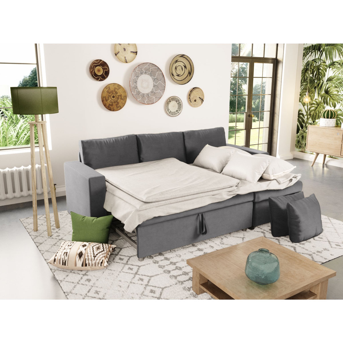 Canapé d'angle convertible et réversible  tissu aspect velours 3 places MATHILDE